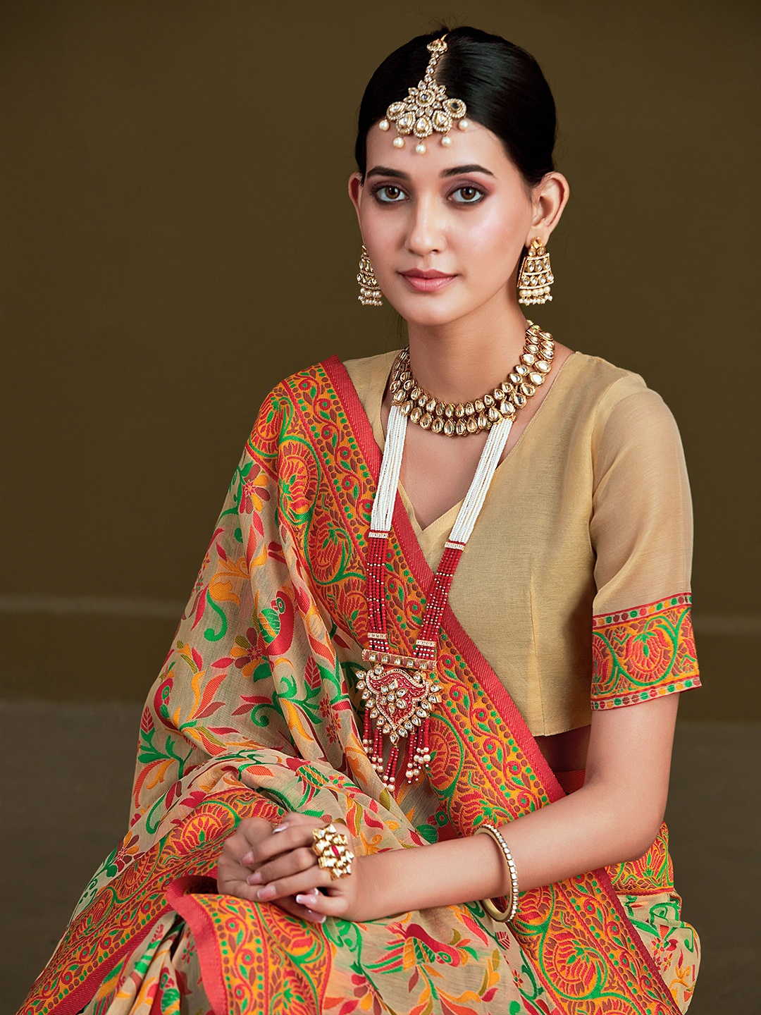 

Sangria Ethnic Motifs Printed Woven Pashmina Saree, Peach