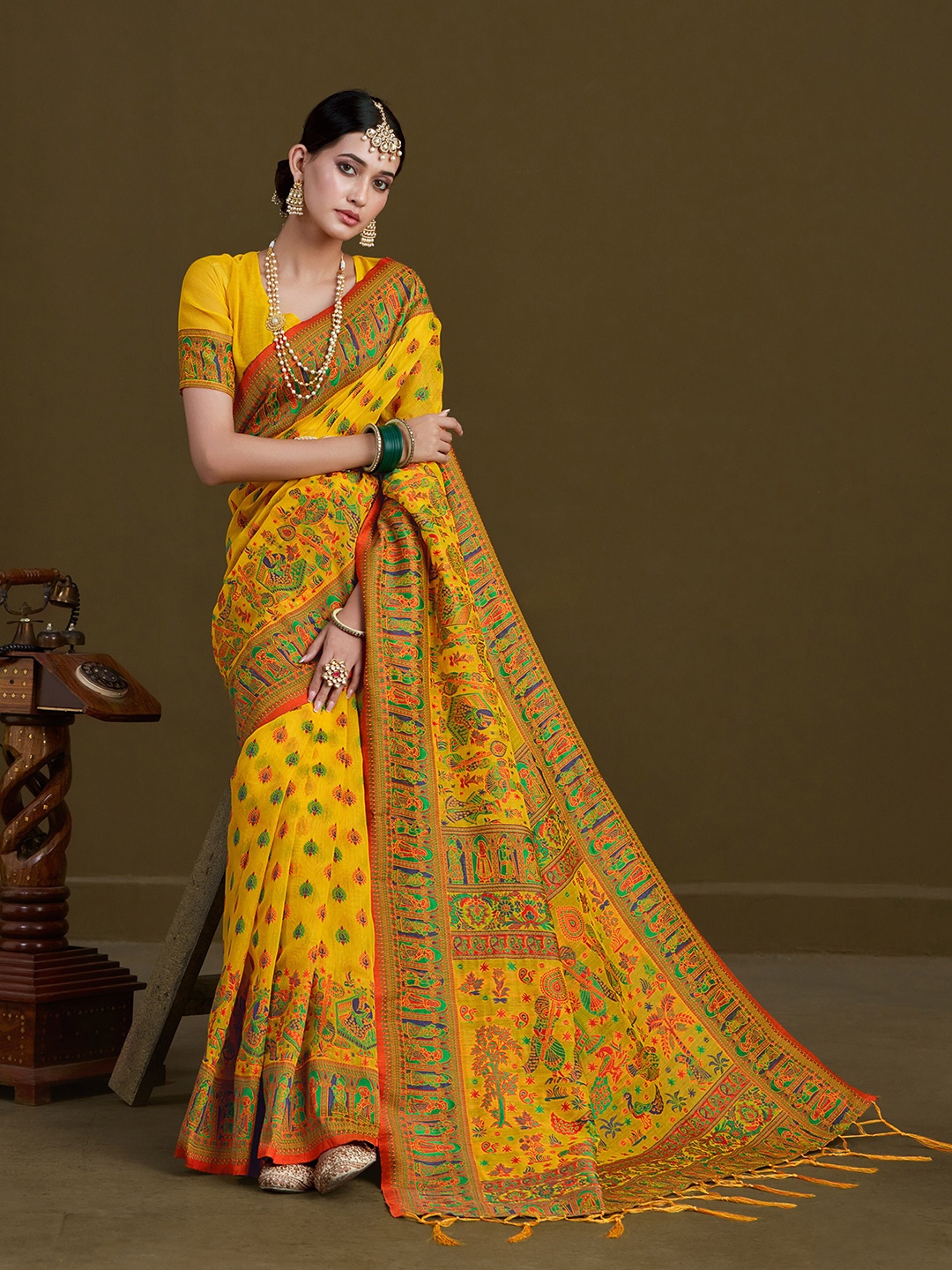 

Sangria Ethnic Motifs Woven Design Pashmina Saree, Yellow