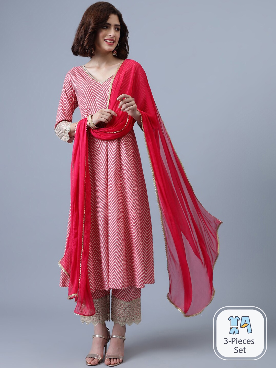 

Khushal K Printed Gotta Patti Kurta with Trousers & Dupatta, Pink
