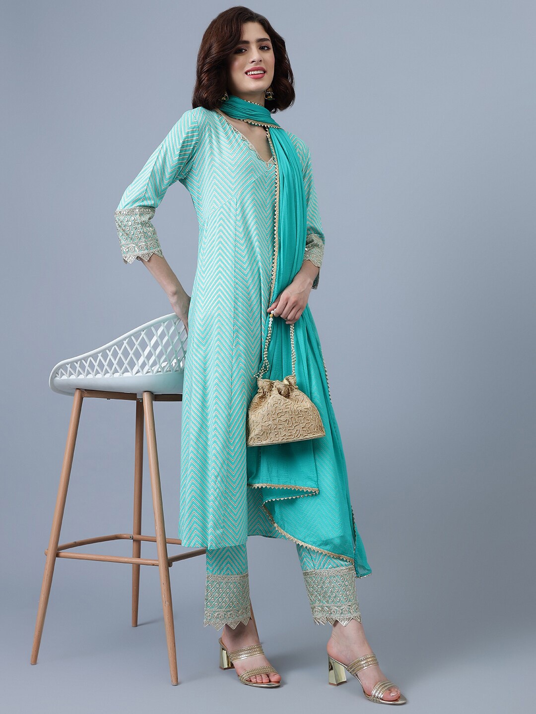

Khushal K Striped Gotta Patti Kurta with Trousers & With Dupatta, Turquoise blue