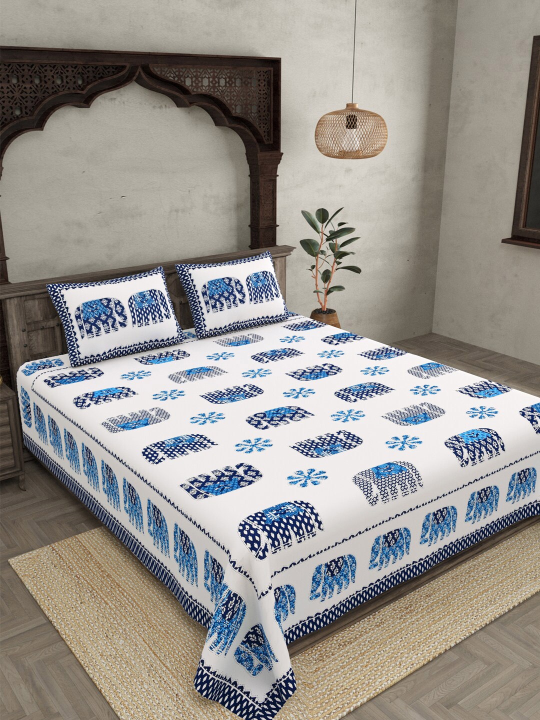 

JAIPUR FABRIC White & Blue Ethnic Motifs Cotton 210 TC Queen Bedsheet Set