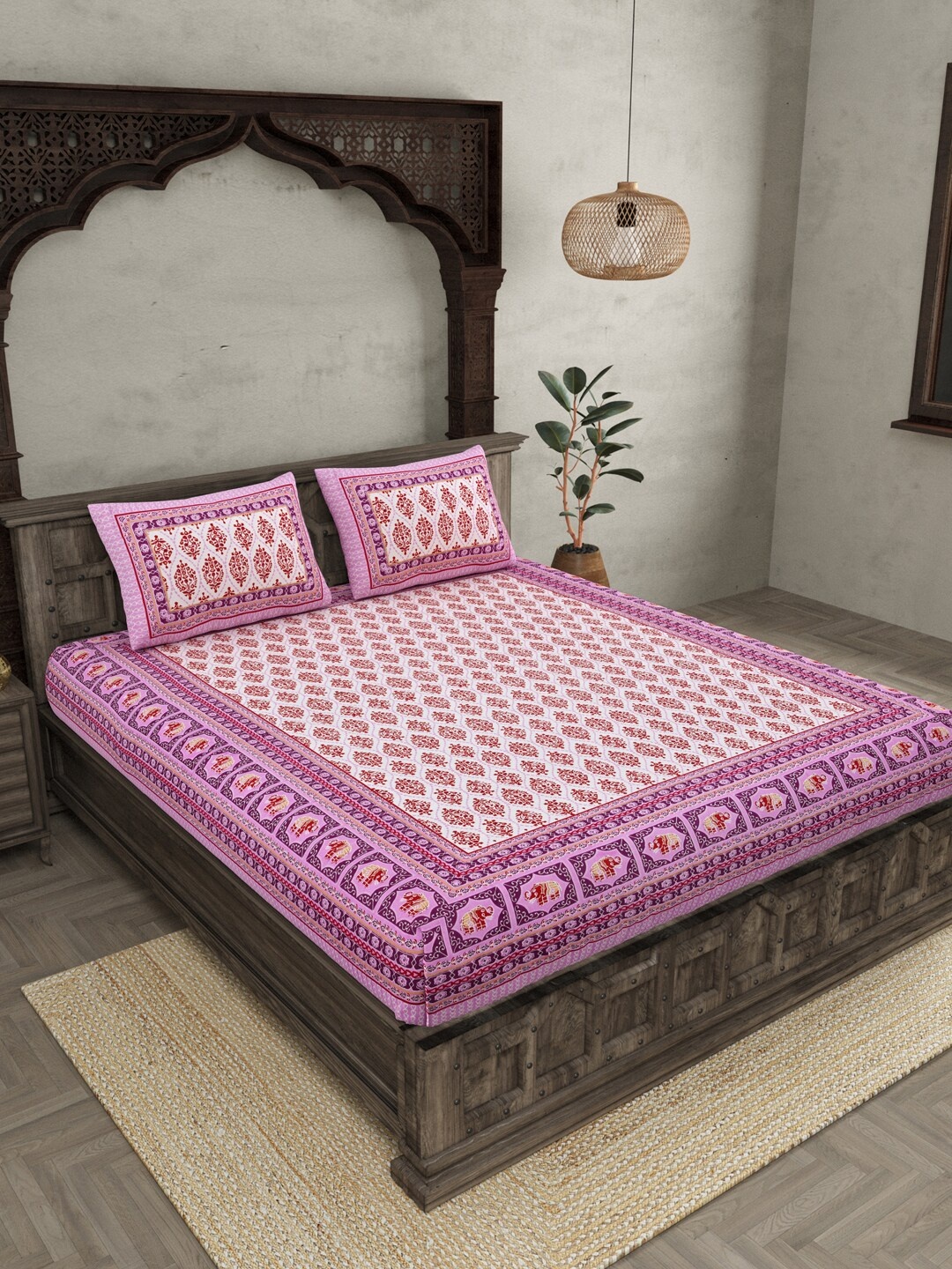 

JAIPUR FABRIC Purple & White Ethnic Motifs Cotton 210 TC Queen Bedsheet & 2 Pillow Covers