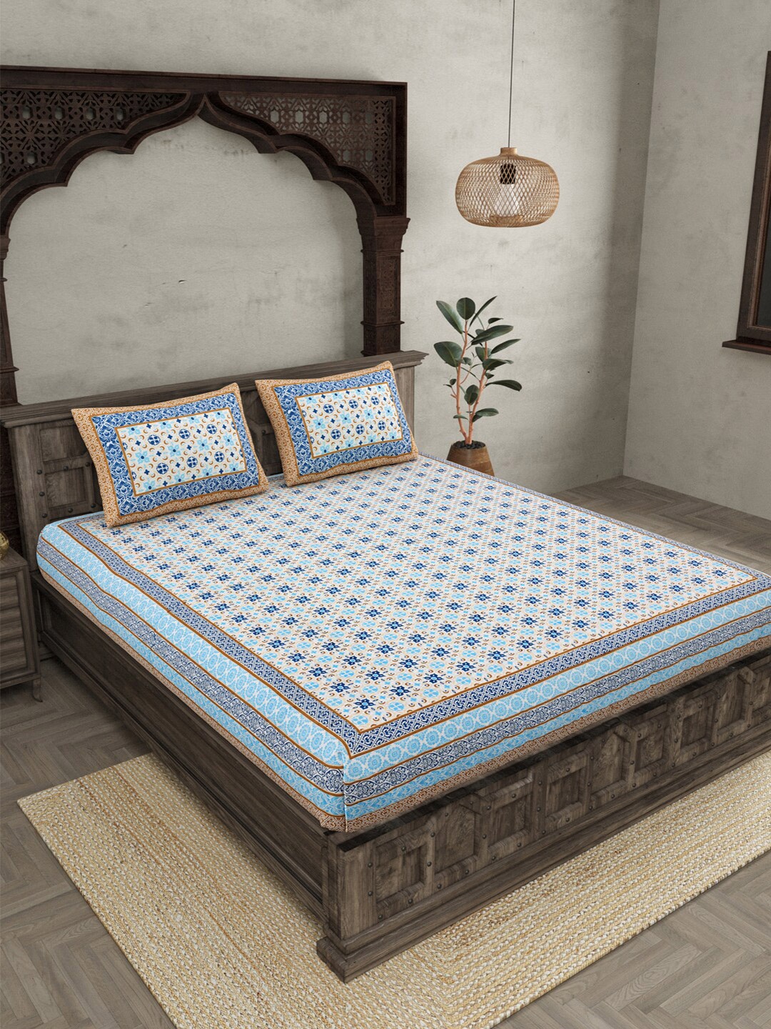 

JAIPUR FABRIC White & Blue Ethnic Motifs Cotton 210 TC Queen Bedsheet With 2 Pillow Covers