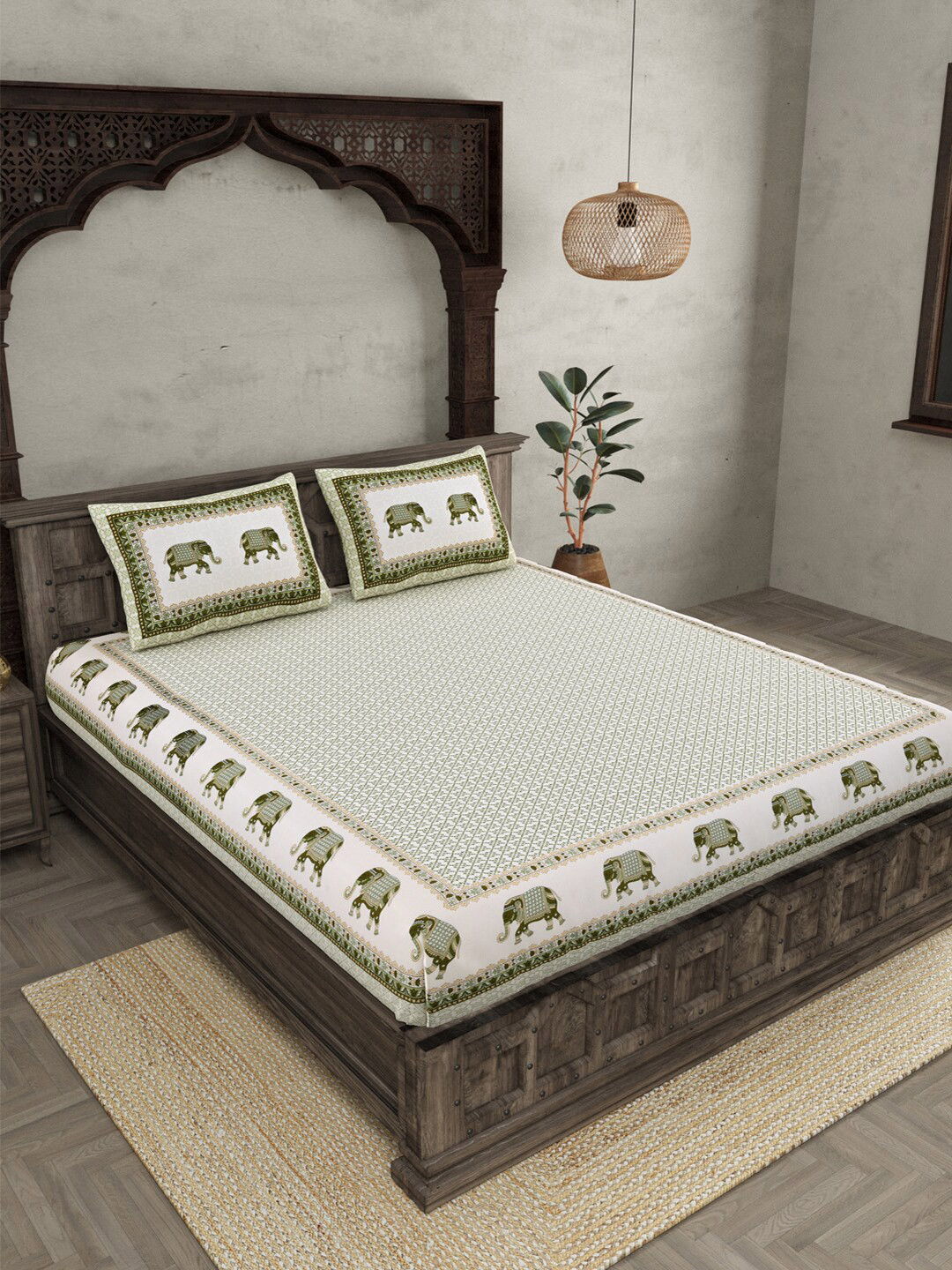 

JAIPUR FABRIC White & Green Ethnic Motifs Cotton 210 TC Queen Bedsheet & 2 Pillow Covers