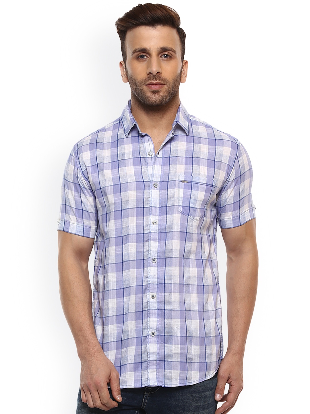 

Mufti Men Lavender & White Slim Fit Checked Casual Shirt