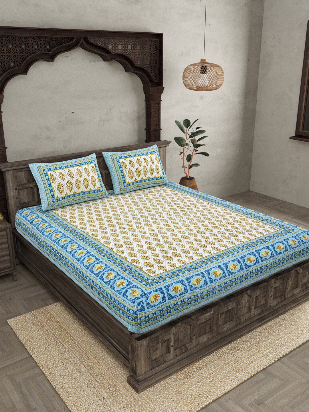 

JAIPUR FABRIC White & Blue Ethnic Motifs 210 TC Cotton Queen Bedsheet With 2 Pillow Covers