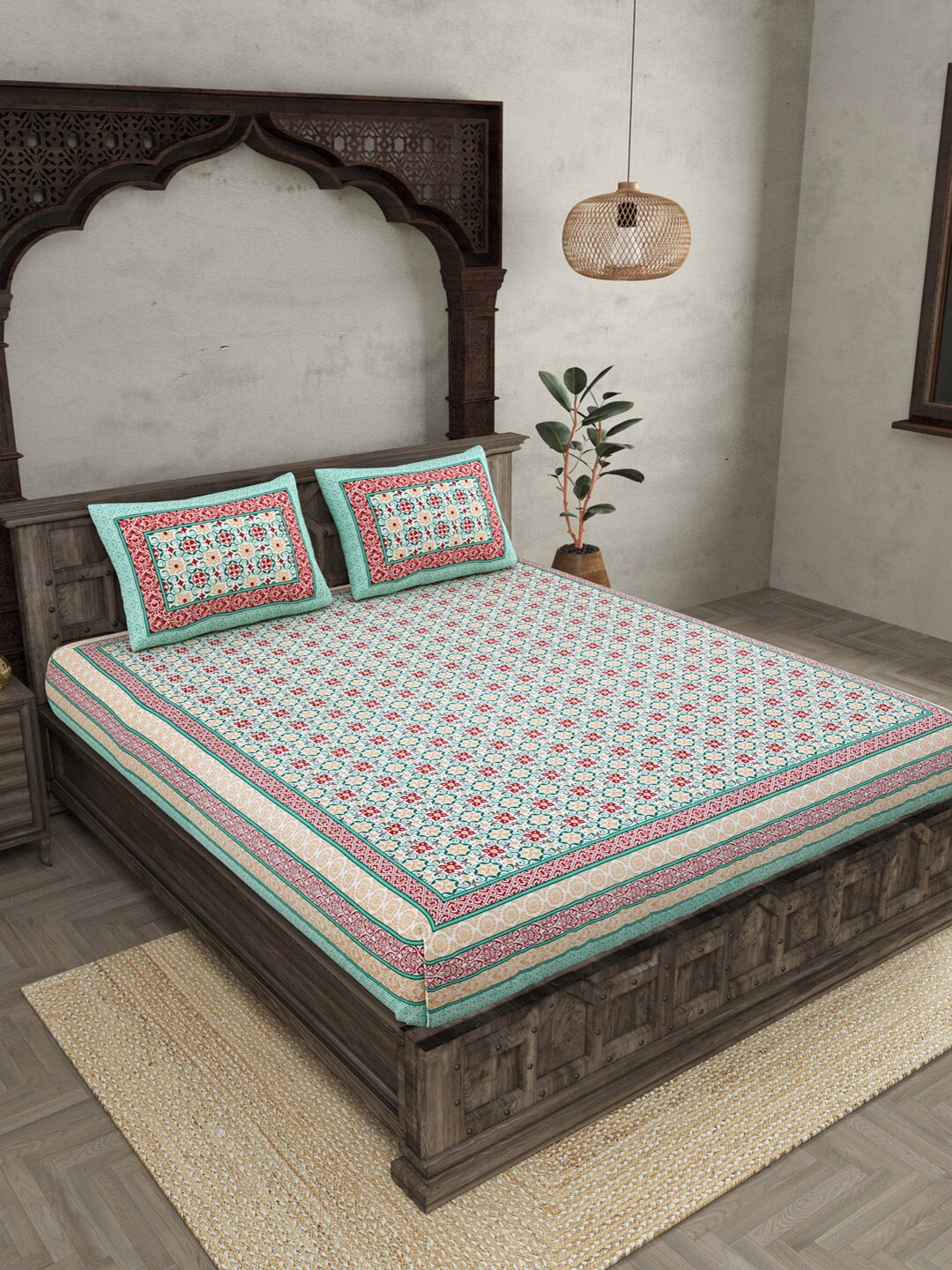 

JAIPUR FABRIC White & Blue Ethnic Motifs 210 TC Cotton Queen Bedsheet with 2 Pillow Covers