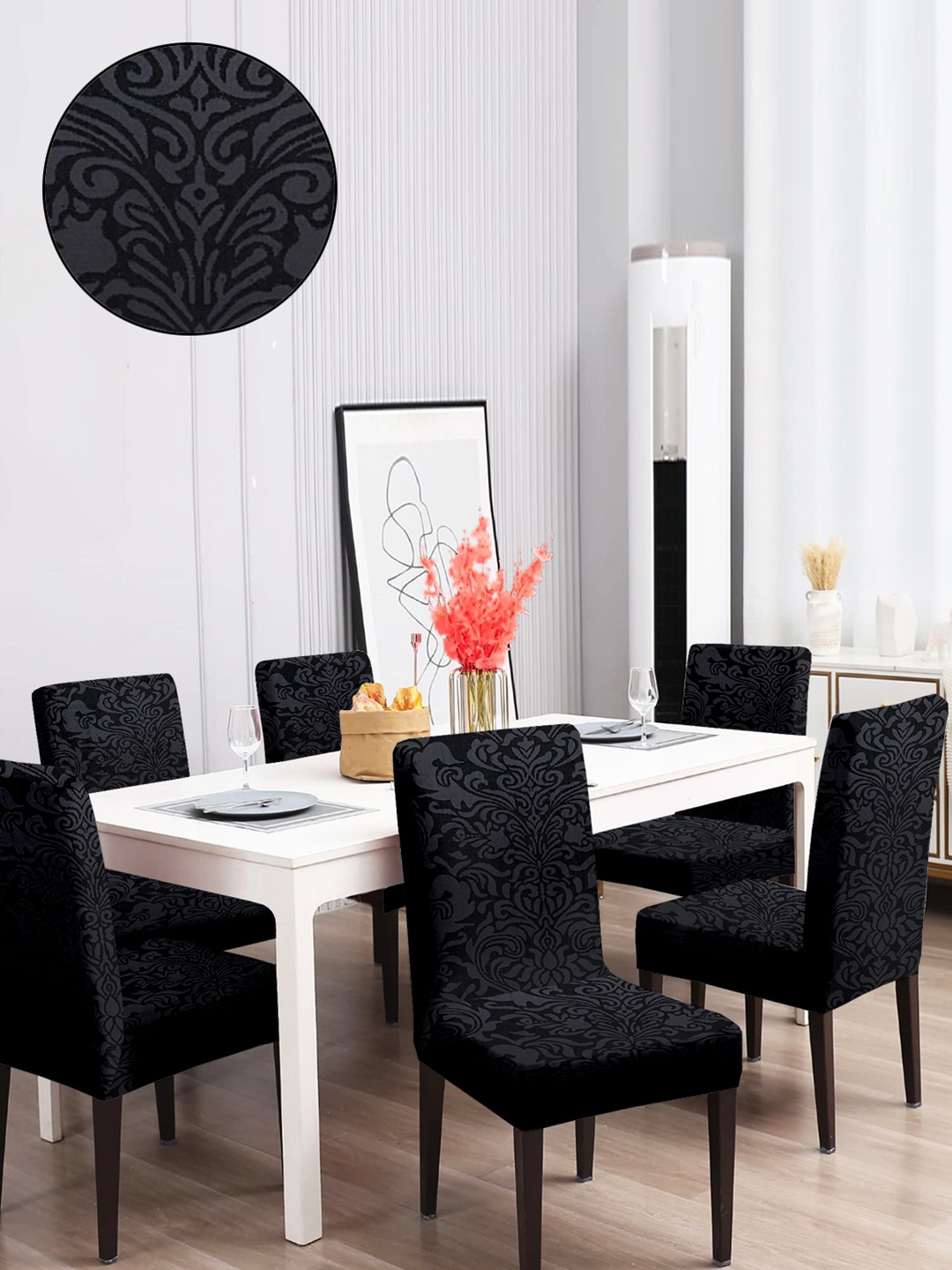 Cortina Black 6 Pieces Self Design Chair Covers