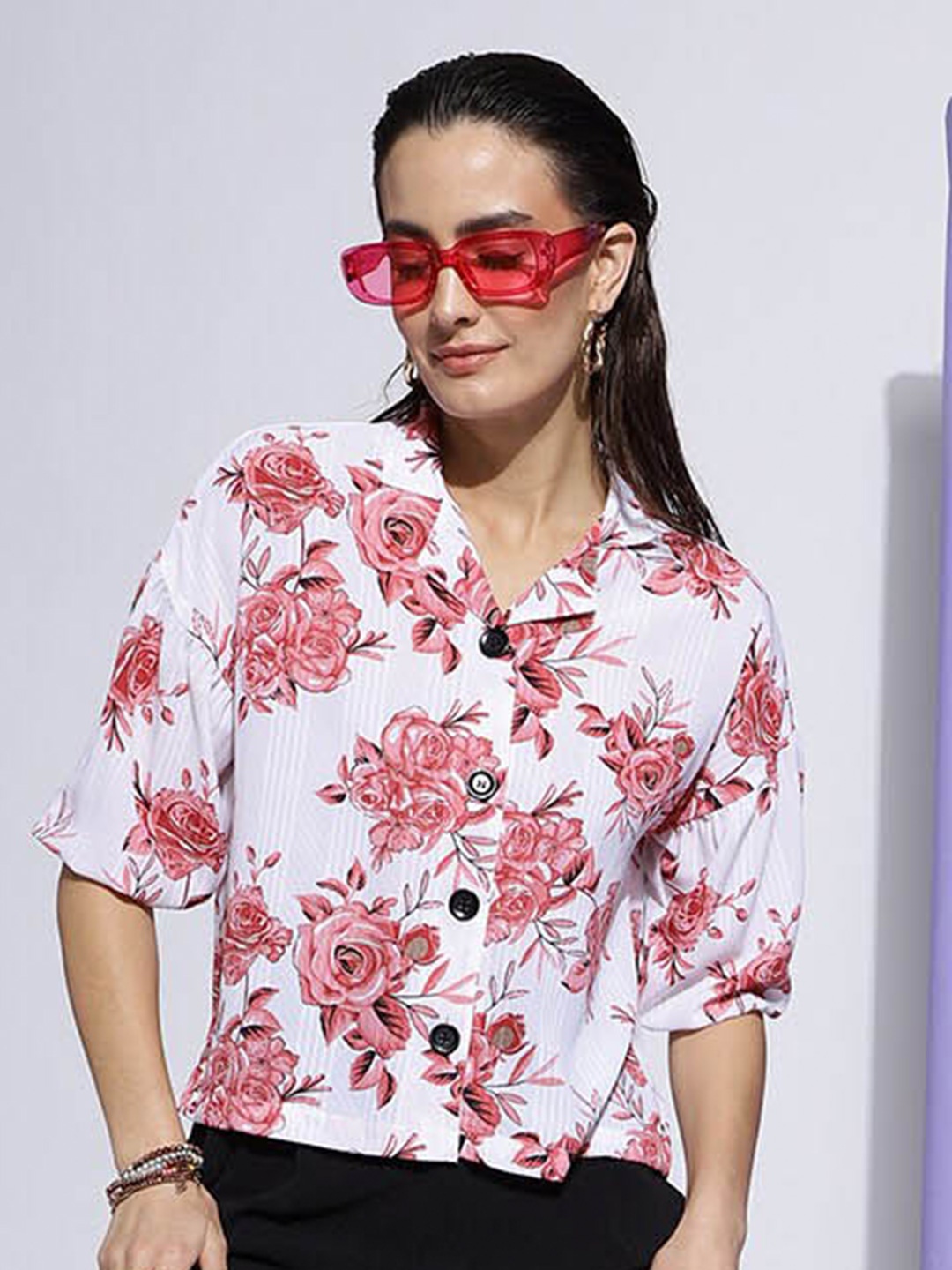 

J Turritopsis Classic Floral Printed Drop-Shoulder Sleeves Georgette Oversized Shirt, White