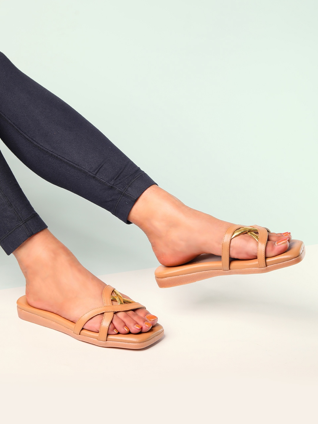 

Monrow Strappy Open Toe Flats, Beige