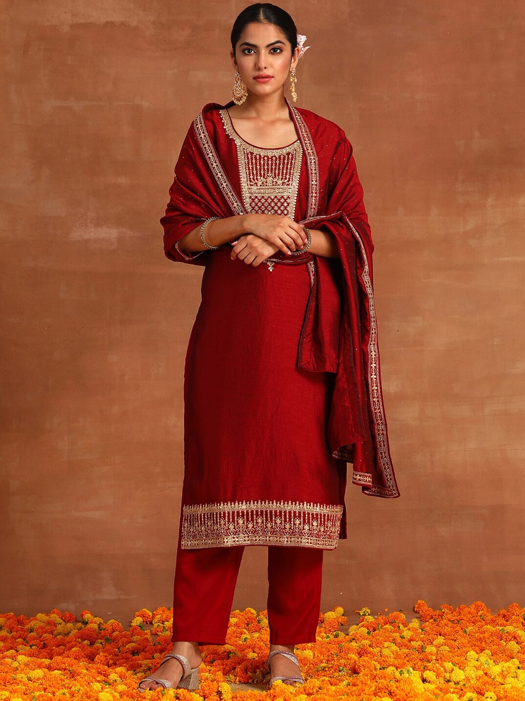 

Indo Era Ethnic Motifs Embroidered Kurta With Trousers & With Dupatta, Maroon