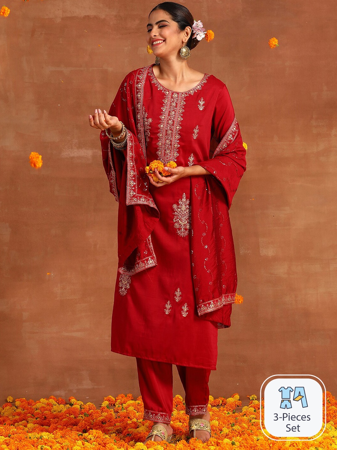 

Indo Era Ethnic Motifs Embroidered Regular Thread Work Kurta With Trousers & With Dupatta, Red