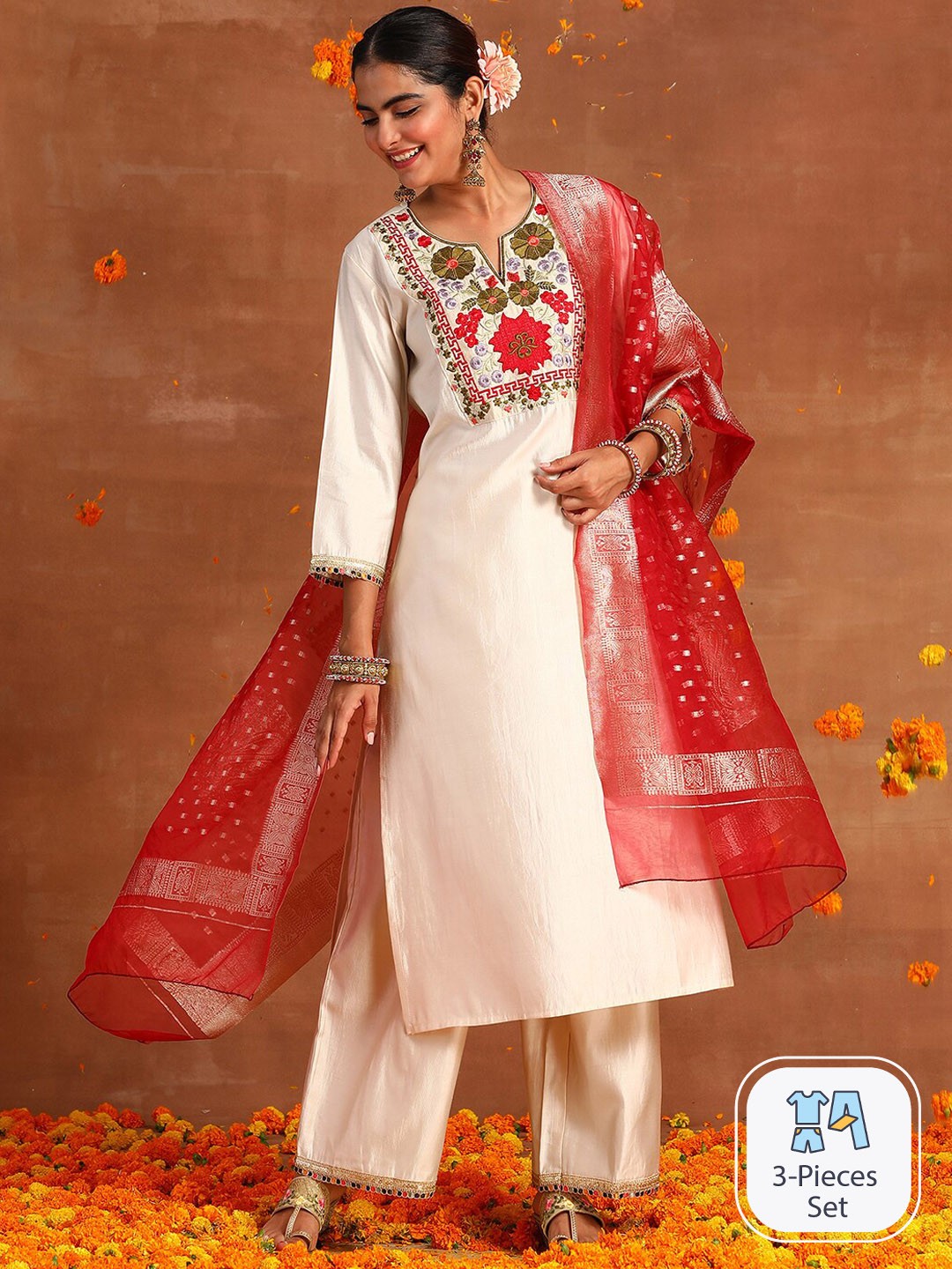 

Indo Era Floral Yoke Design Regular Thread Work Liva Kurta With Palazzos & With Dupatta, Off white