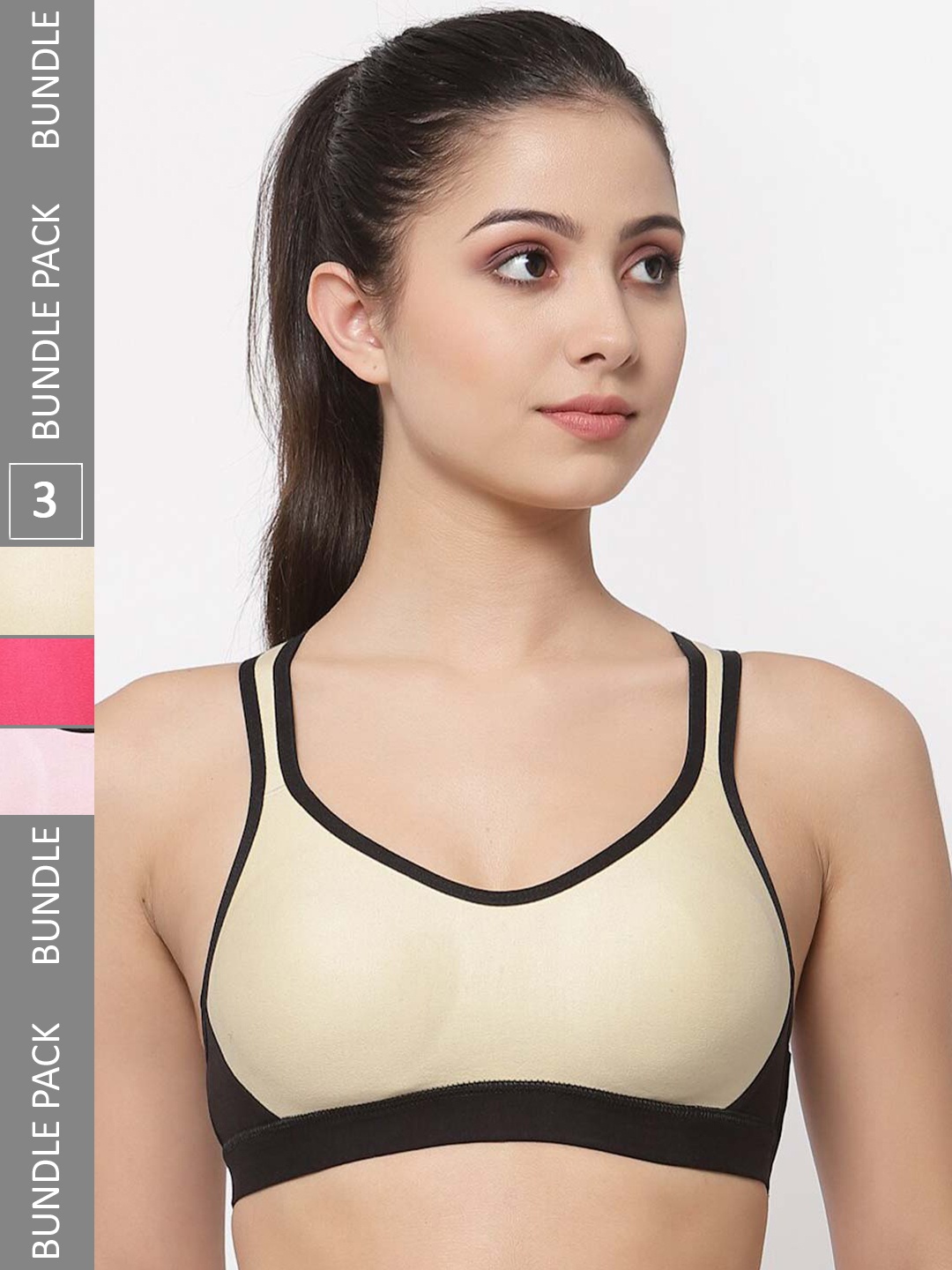 

College Girl Pack Of 3 Seamless Super Support Full Coverage Workout Bra With Side Shaper, Beige