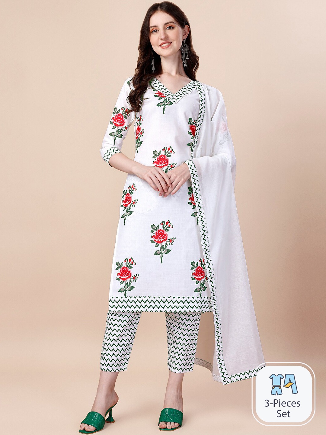 

GOROLY W Floral Printed Pure Cotton Kurta With Trousers & Dupatta, White