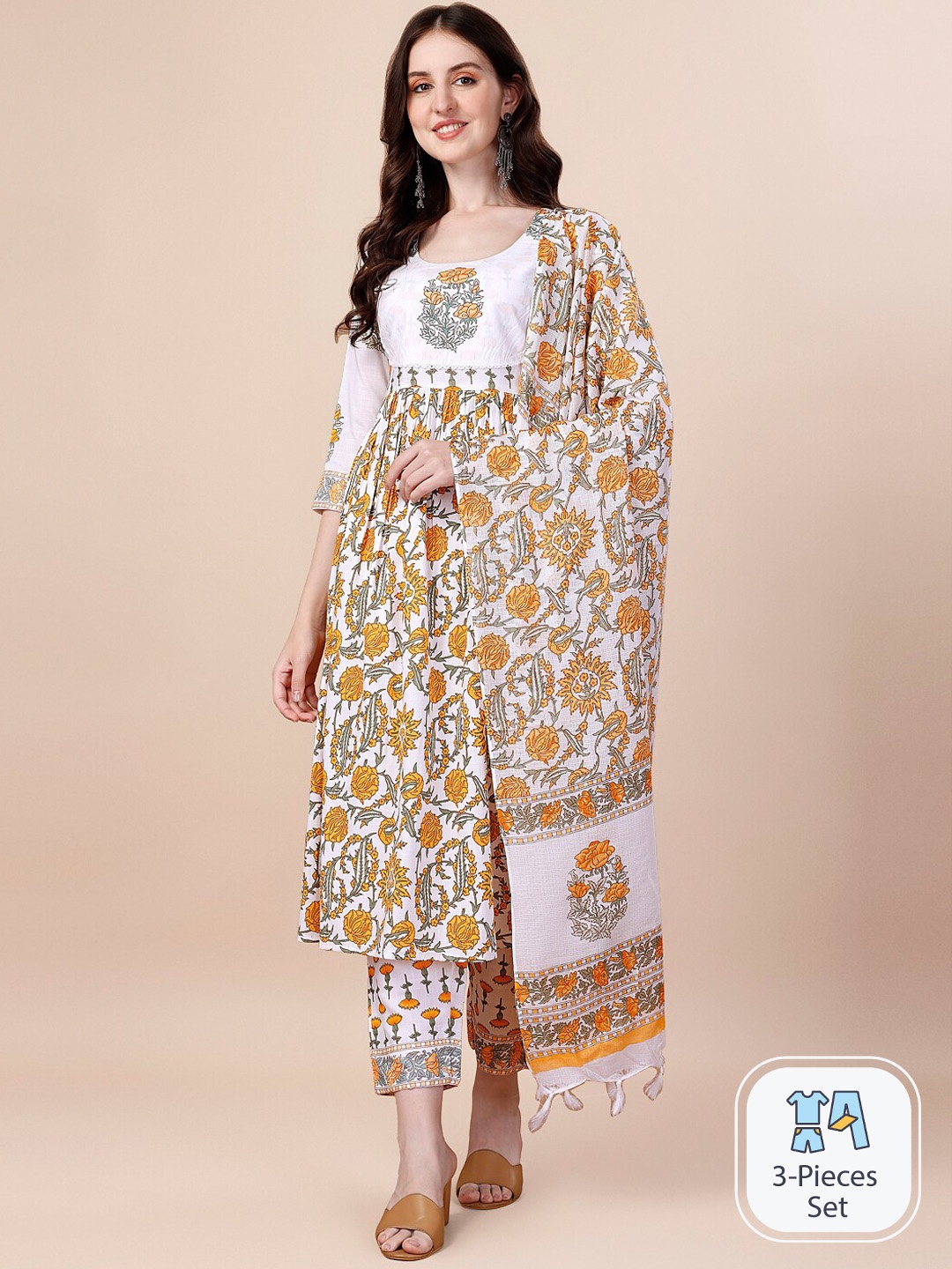 

GOROLY Floral Printed Pure Cotton Kurta With Trousers & Dupatta, White