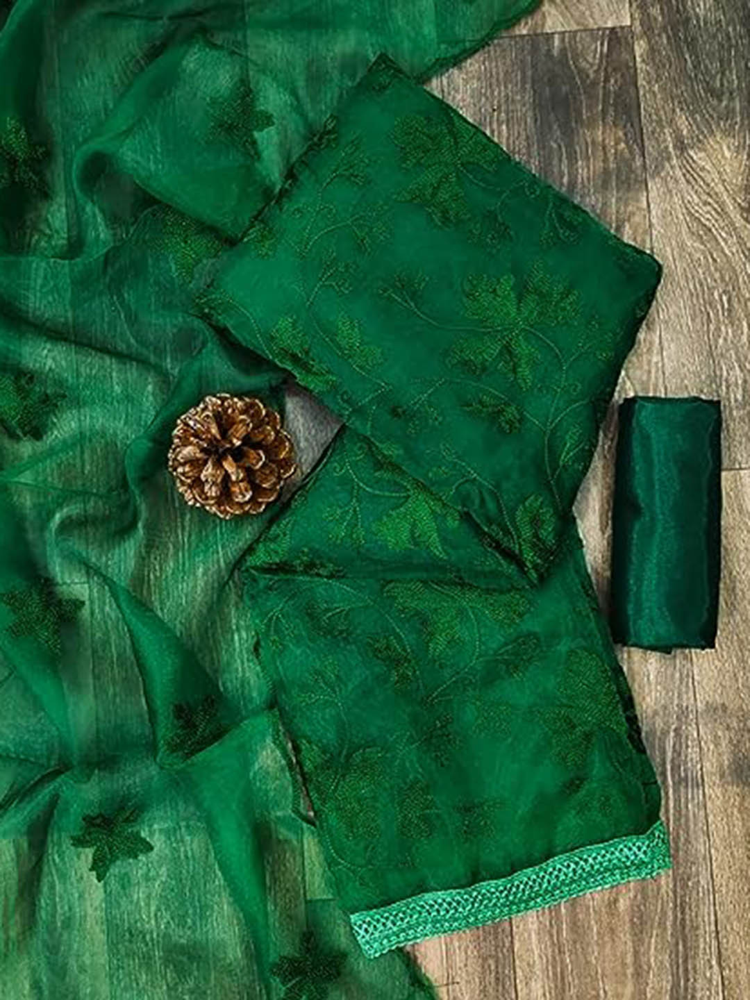 

APNISHA Embroidered Pure Silk Unstitched Dress Material, Green