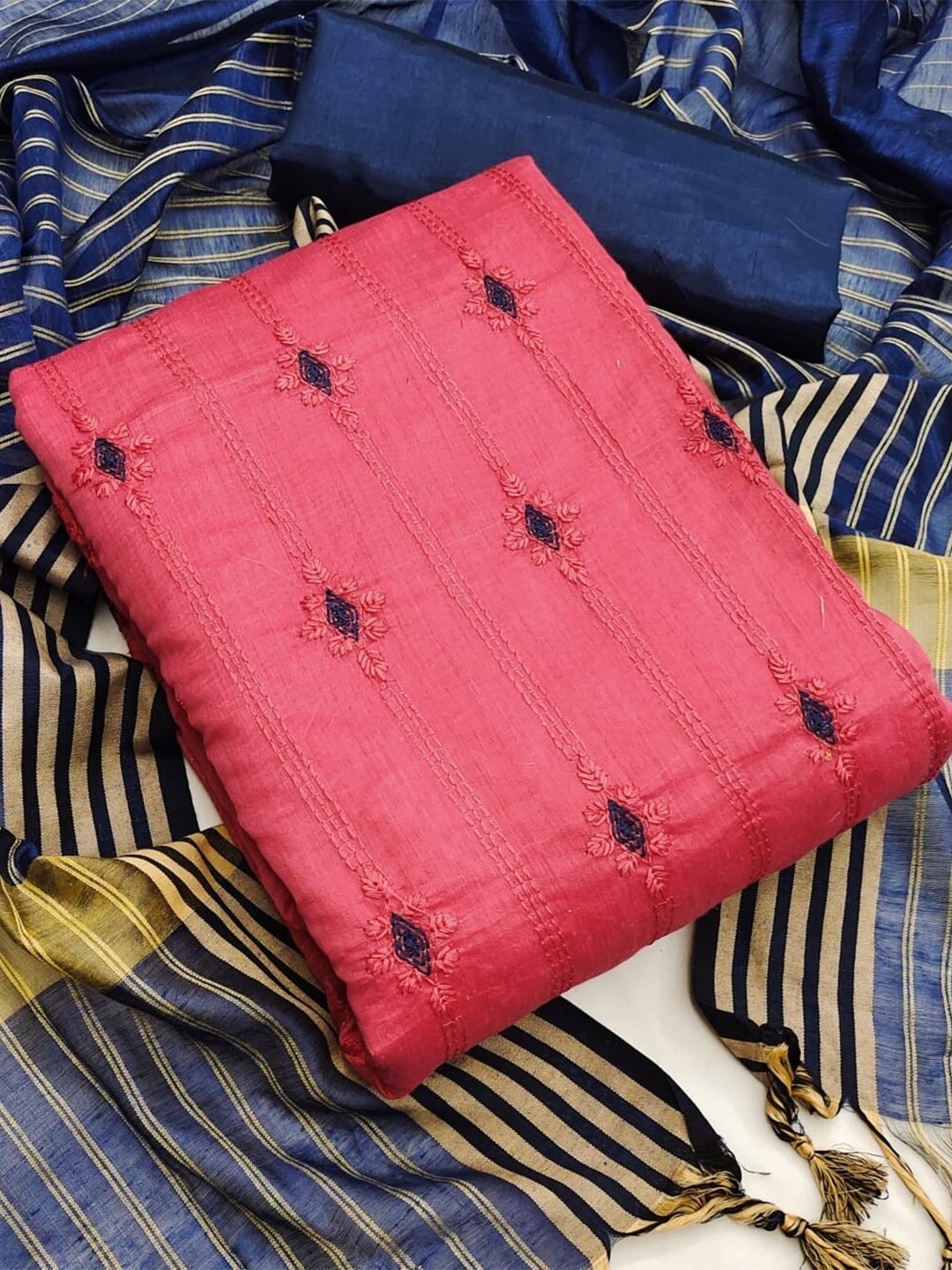

APNISHA Ethnic Motifs Embroidered Unstitched Dress Material, Pink