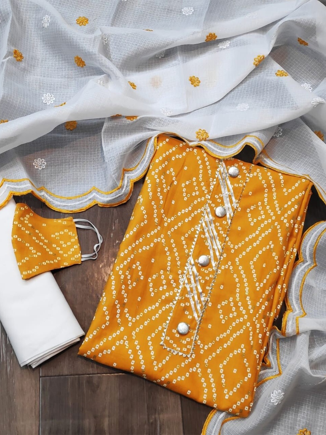 

APNISHA Bandhani Printed Unstitched Dress Material, Yellow