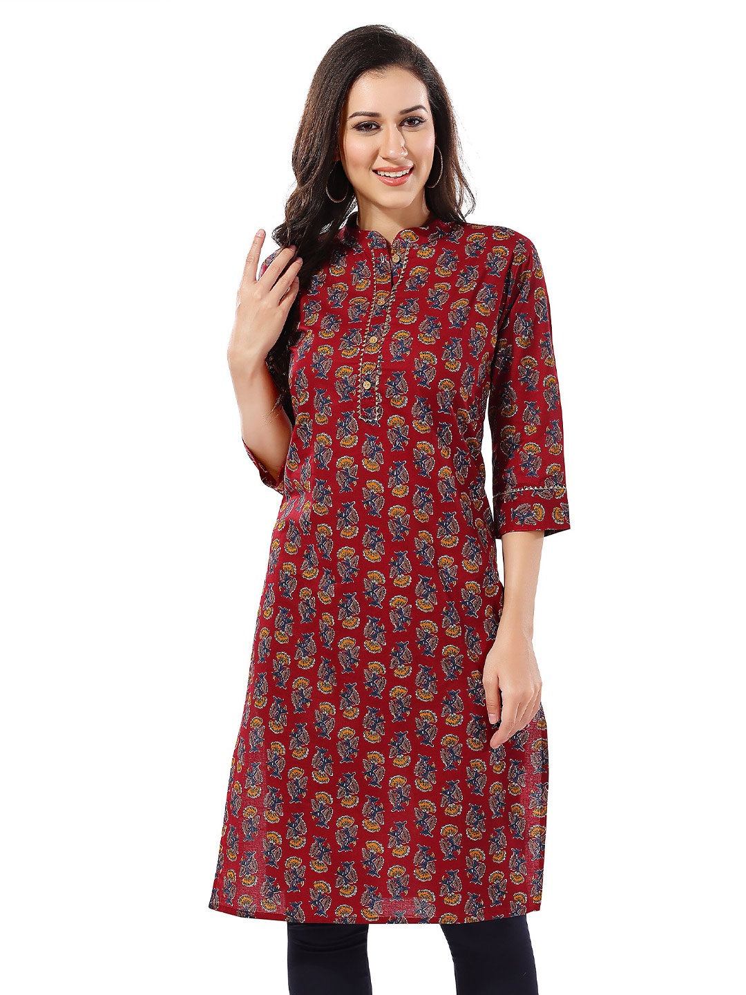 

Keshubaba Floral Printed Mandarin Collar Three-Quarter Sleeve Gota Patti Cotton Kurta, Maroon