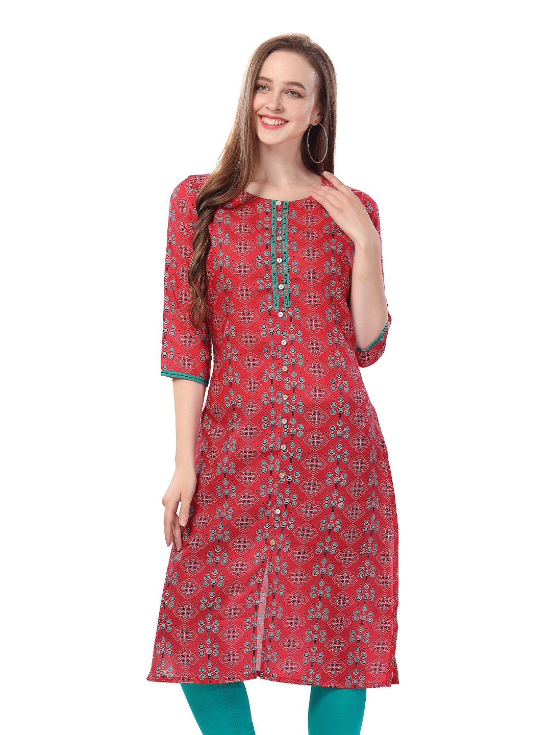 

keshubaba Ethnic Motifs Printed Cotton Straight Kurta, Red