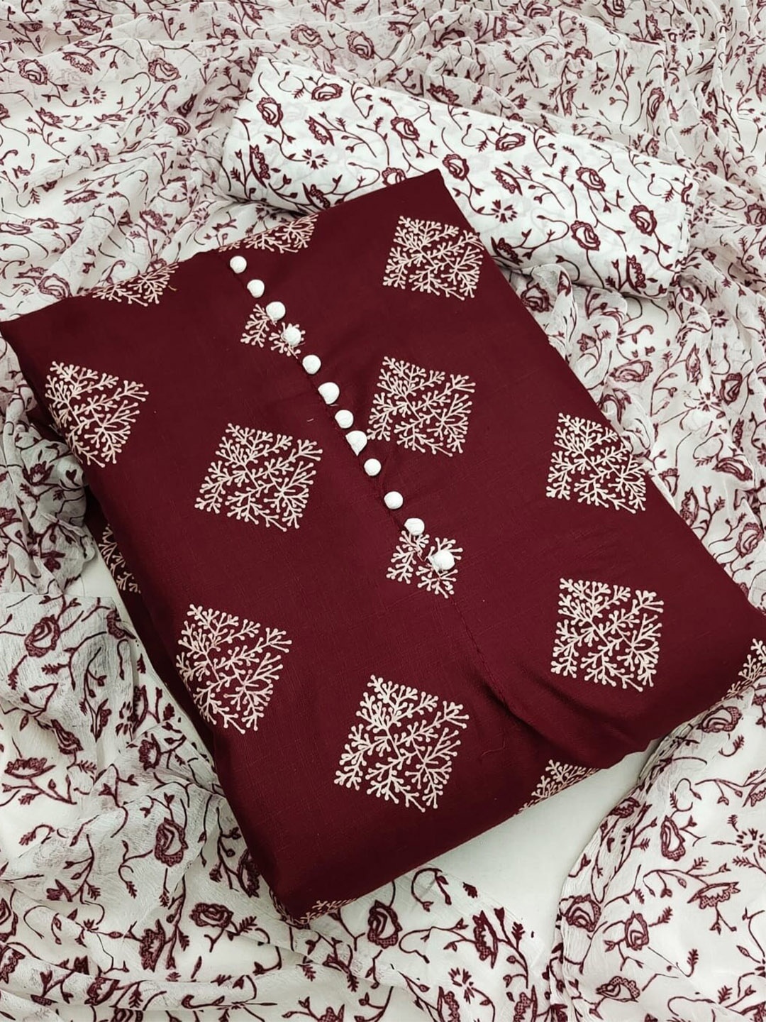 

APNISHA Ethnic Motifs Printed Unstitched Dress Material, Maroon