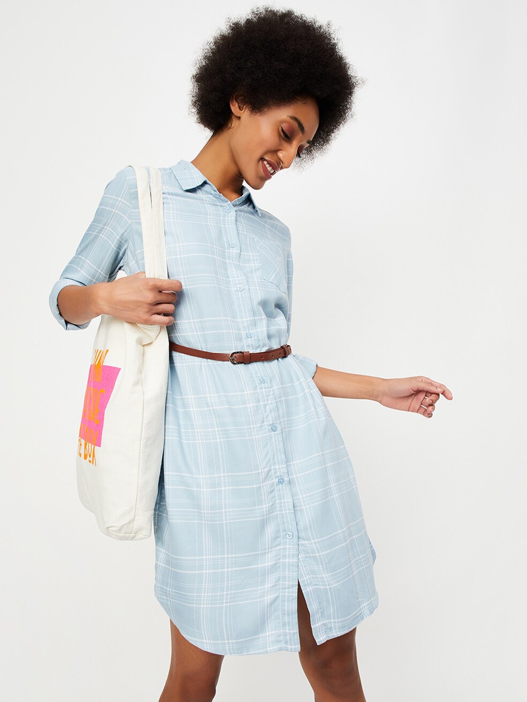 

max Checked Knee Length Belted Shirt Dress, Blue