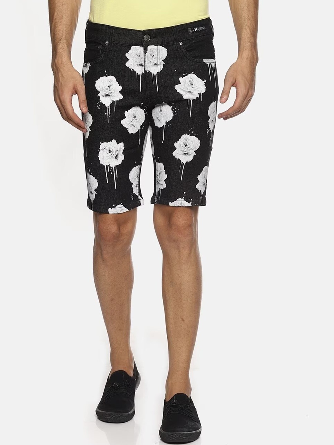 

KULTPRIT Floral Printed Slim Fit Cotton Shorts, Black