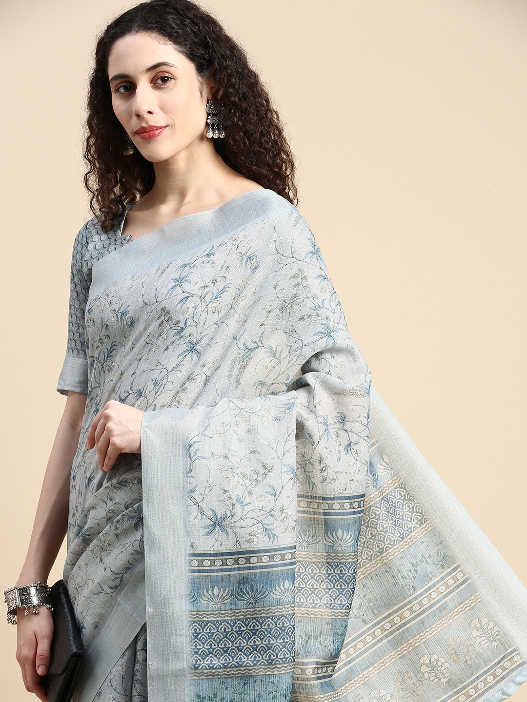 

Mitera Floral Printed Linen Blend Saree, Grey