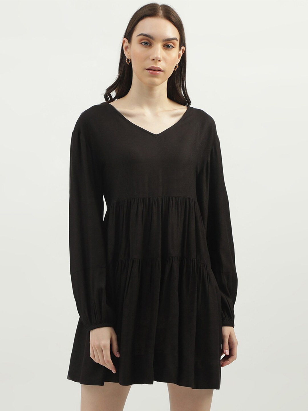 

United Colors of Benetton V-Neck Puff Sleeves A-Line Mini Dress, Black