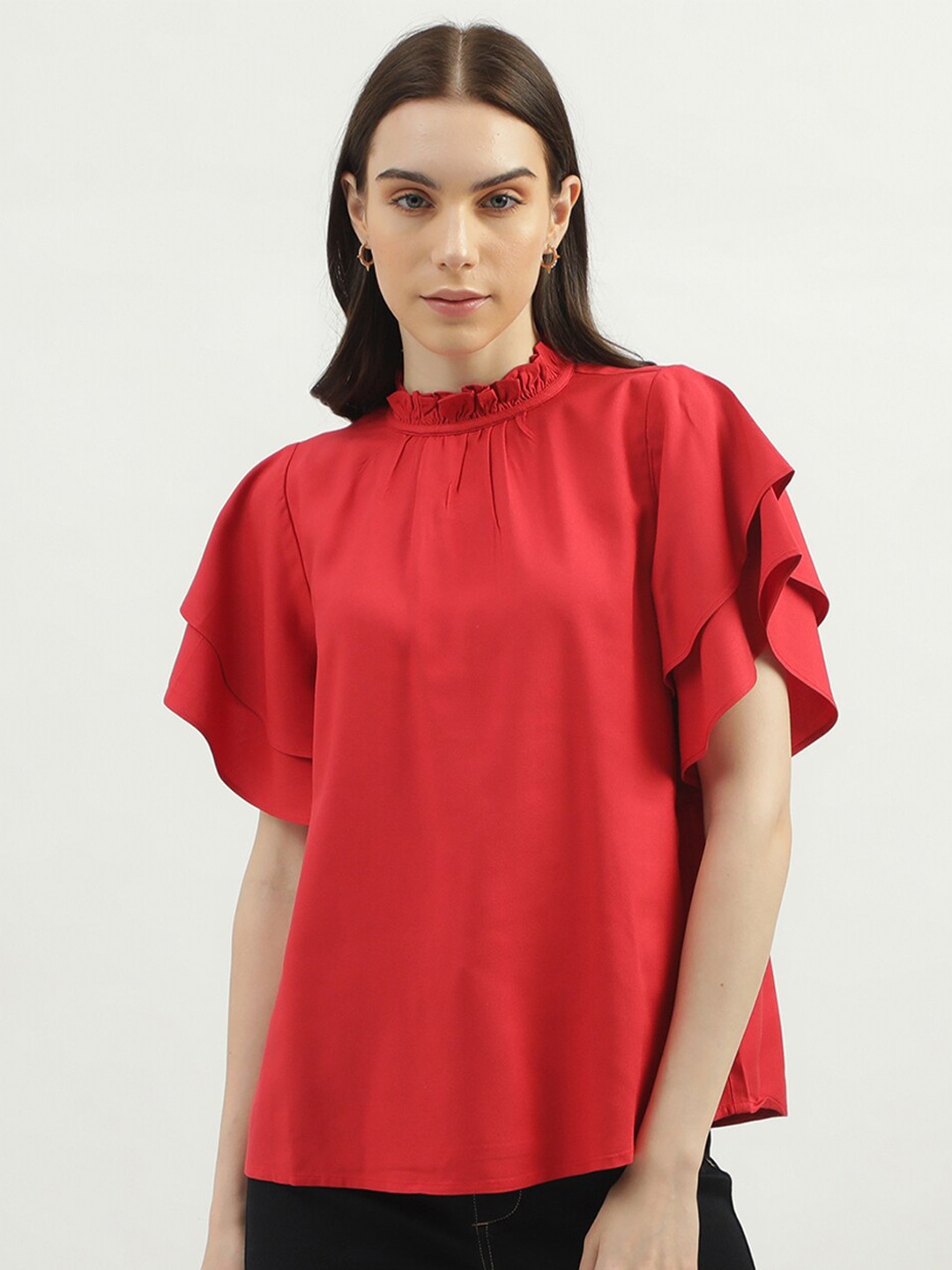 

United Colors of Benetton High Neck gathers Flutter Sleeve Top, Red