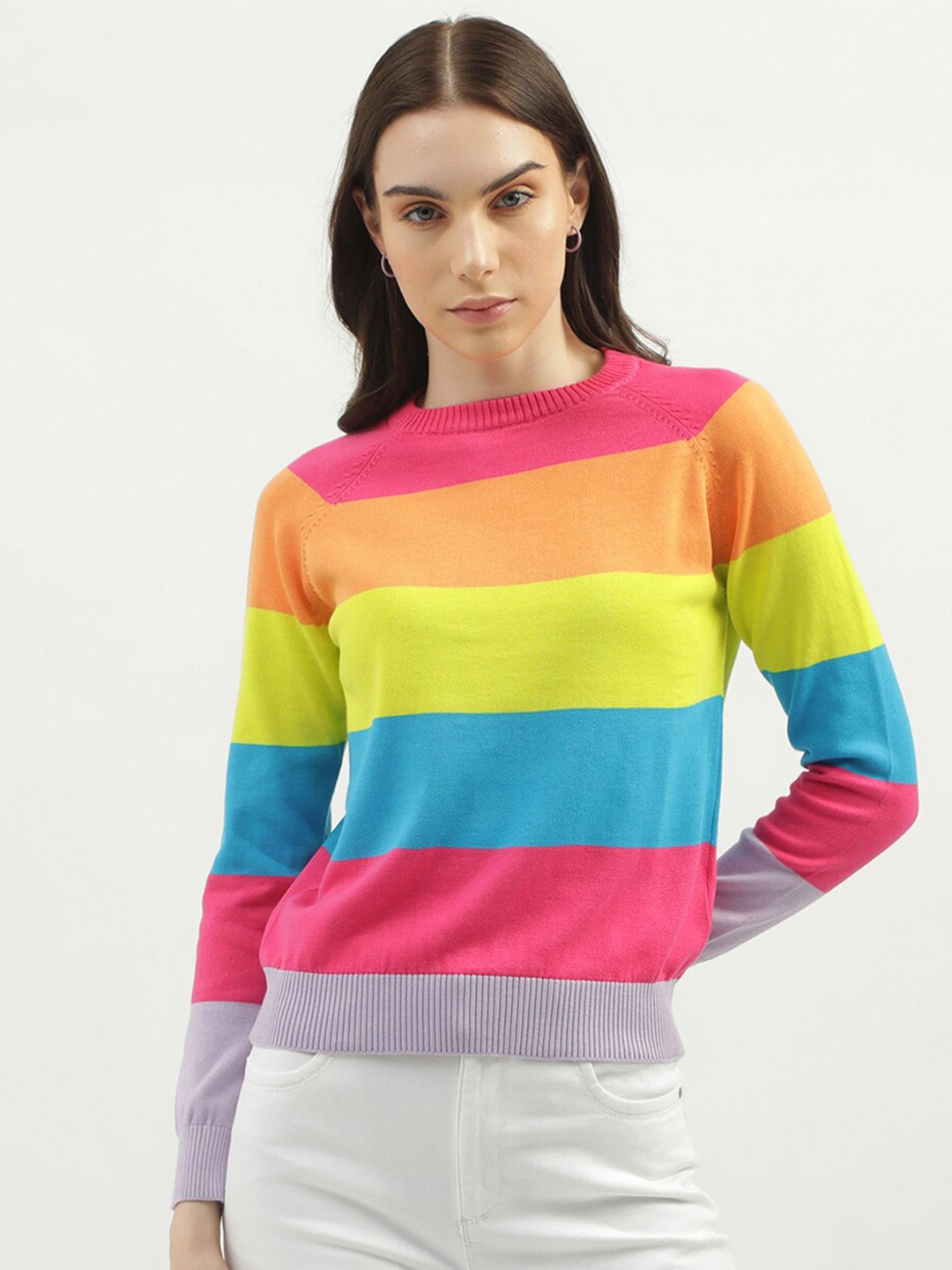 

United Colors of Benetton Colourblocked Round Neck Cotton Pullover, Pink