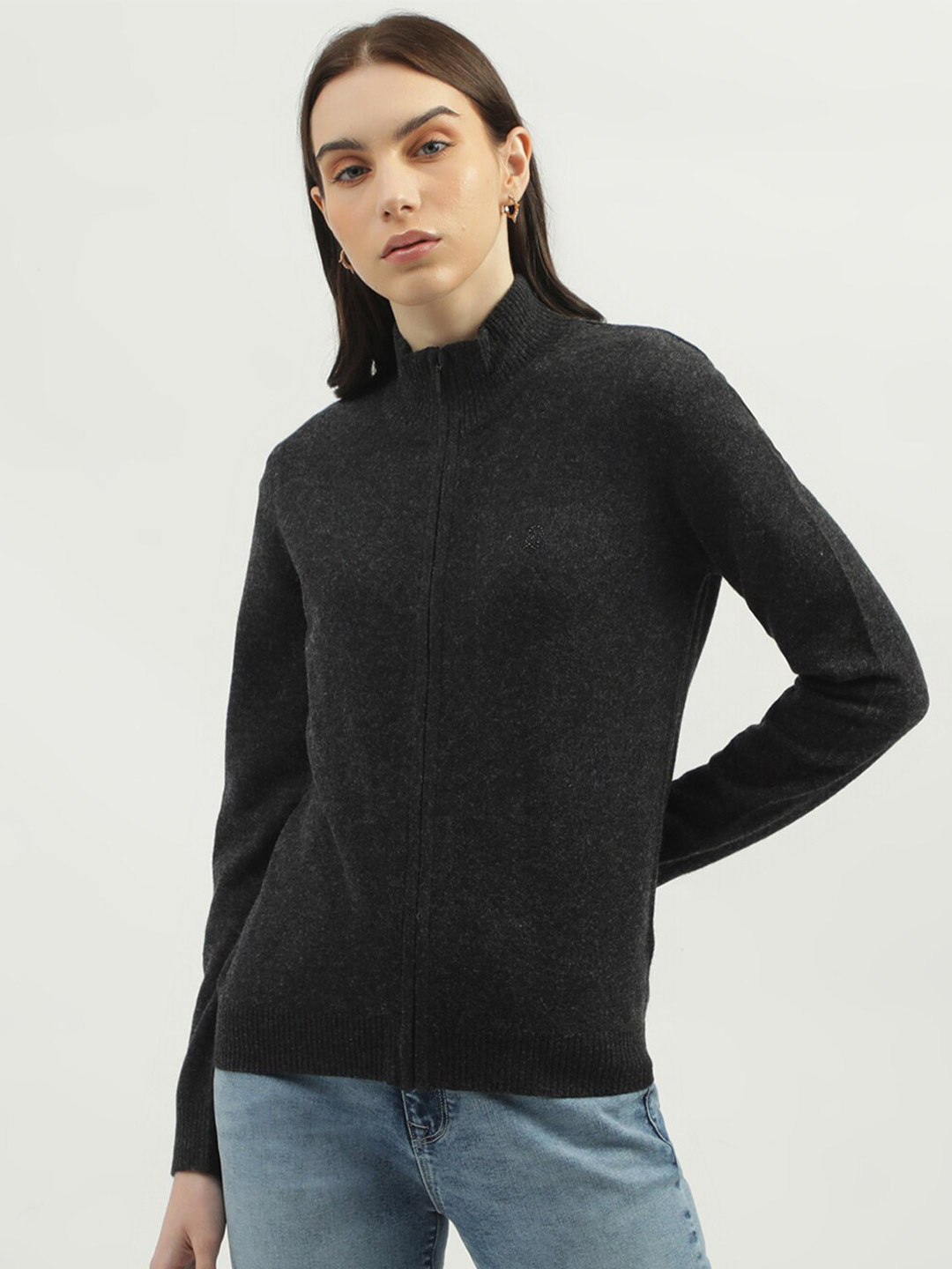 

United Colors of Benetton Mock Collar Woollen Long Sleeves Cardigan, Black