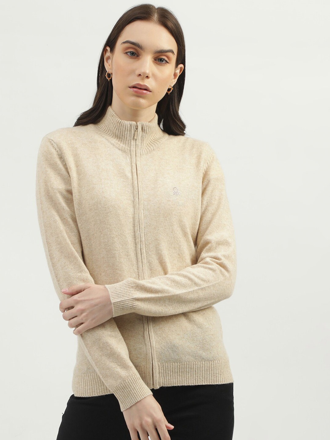 

United Colors of Benetton Mock Collar Woollen Cardigan, Beige