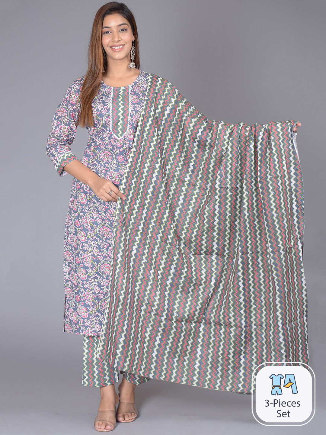 

KALINI Floral Printed Regular Patchwork Pure Cotton Kurta With Trousers & Dupatta, Grey