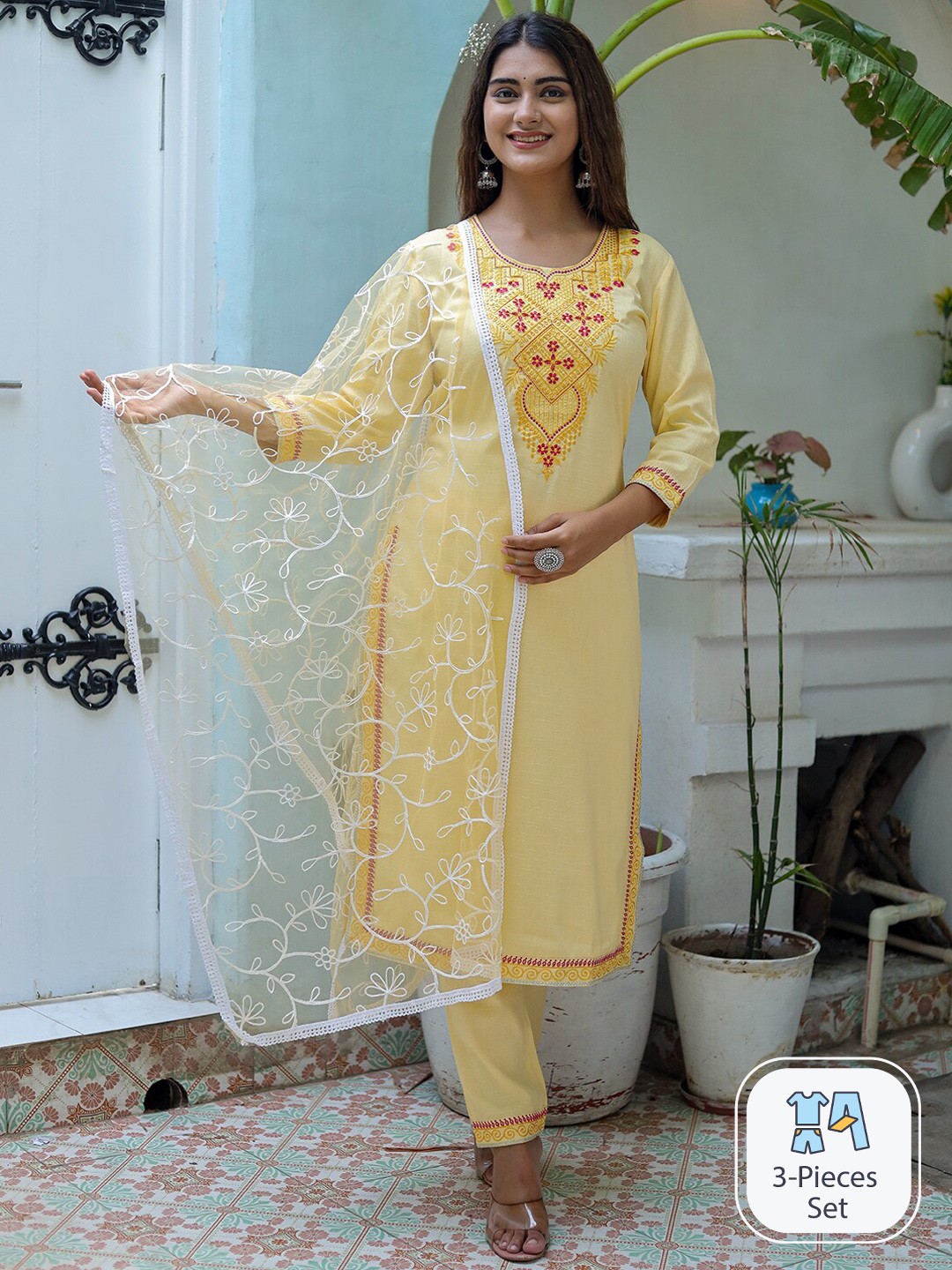 

KALINI Embroidered Regular Thread Work Kurta With Trousers & Dupatta, Yellow