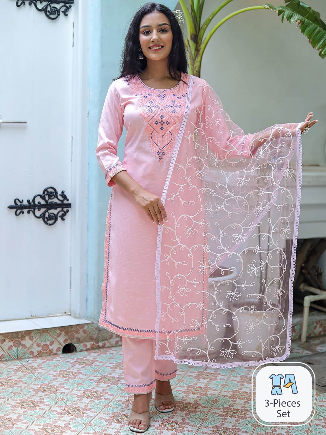 

KALINI Embroidered Regular Chikankari Kurta With Trousers & With Dupatta, Pink