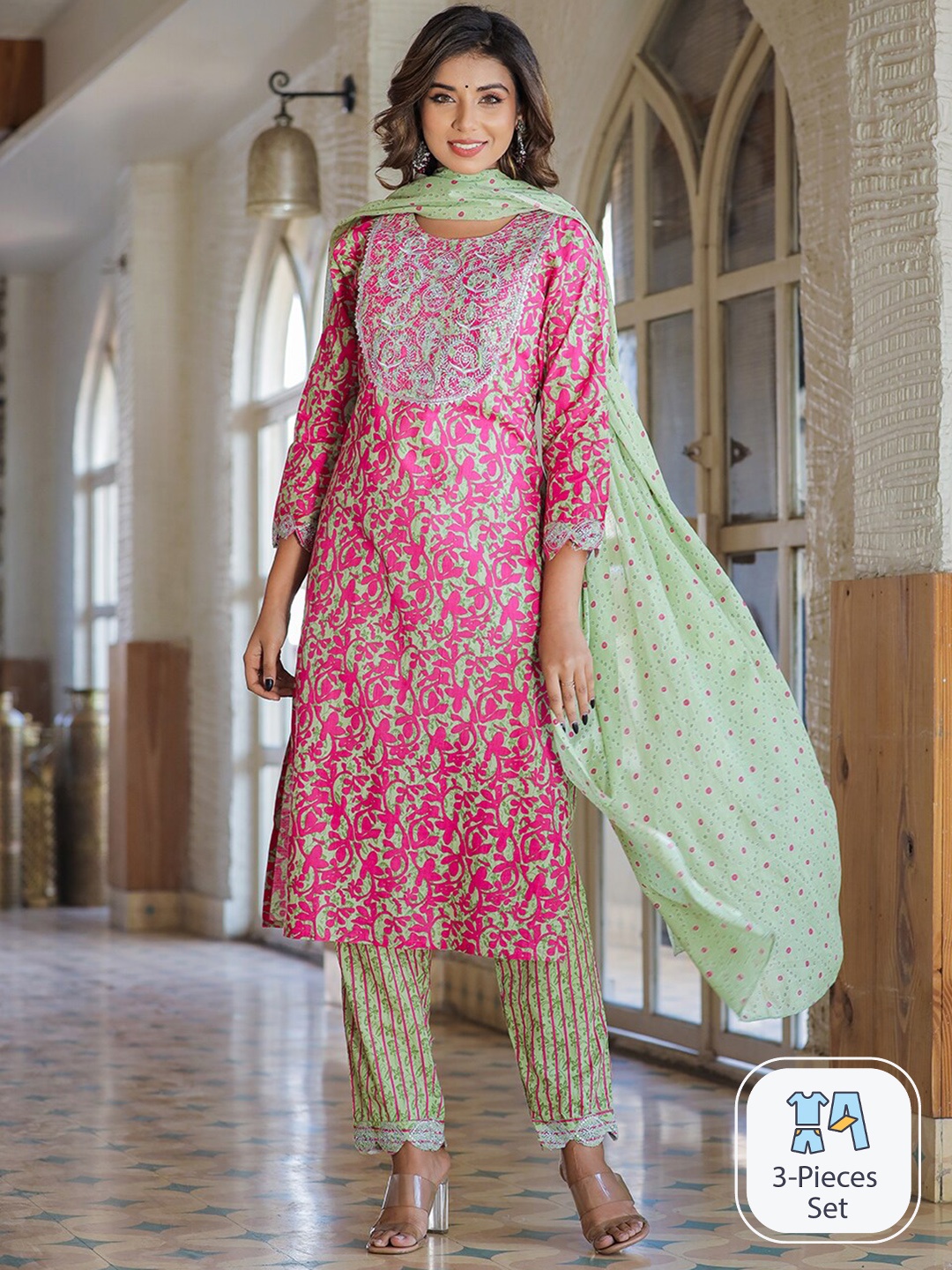 

KALINI Floral Embroidered Regular Chikankari Pure Cotton Kurta With Trousers & Dupatta, Pink