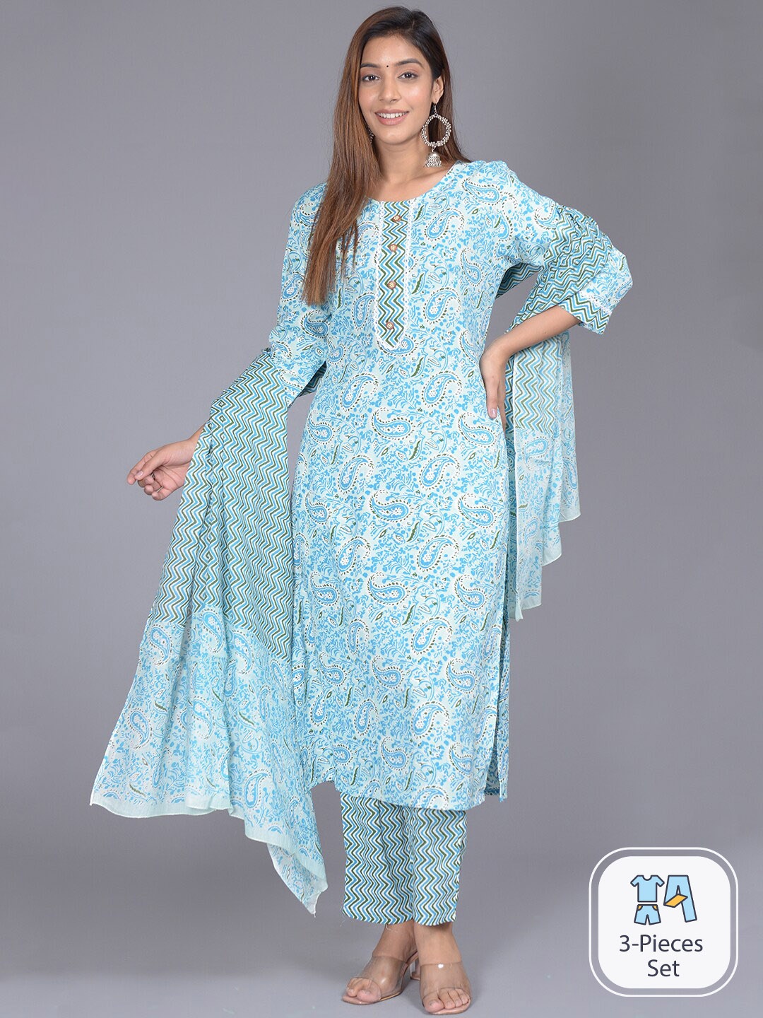 

KALINI Paisley Printed Round Neck Straight Kurta With Trousers & Dupatta, Blue