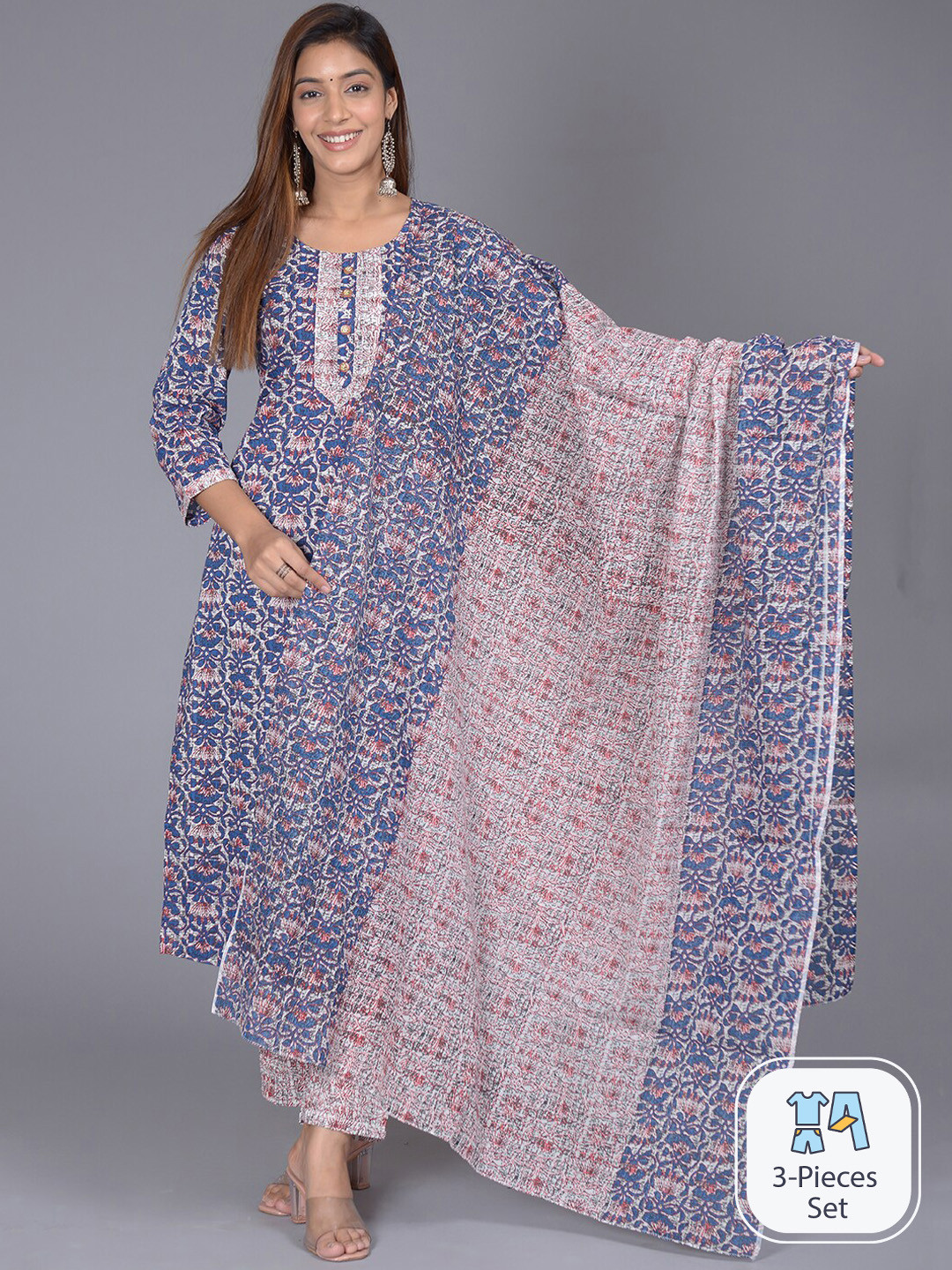 

KALINI Ethnic Motif Printed Pure Cotton Straight Kurta With Trousers & Dupatta, Blue