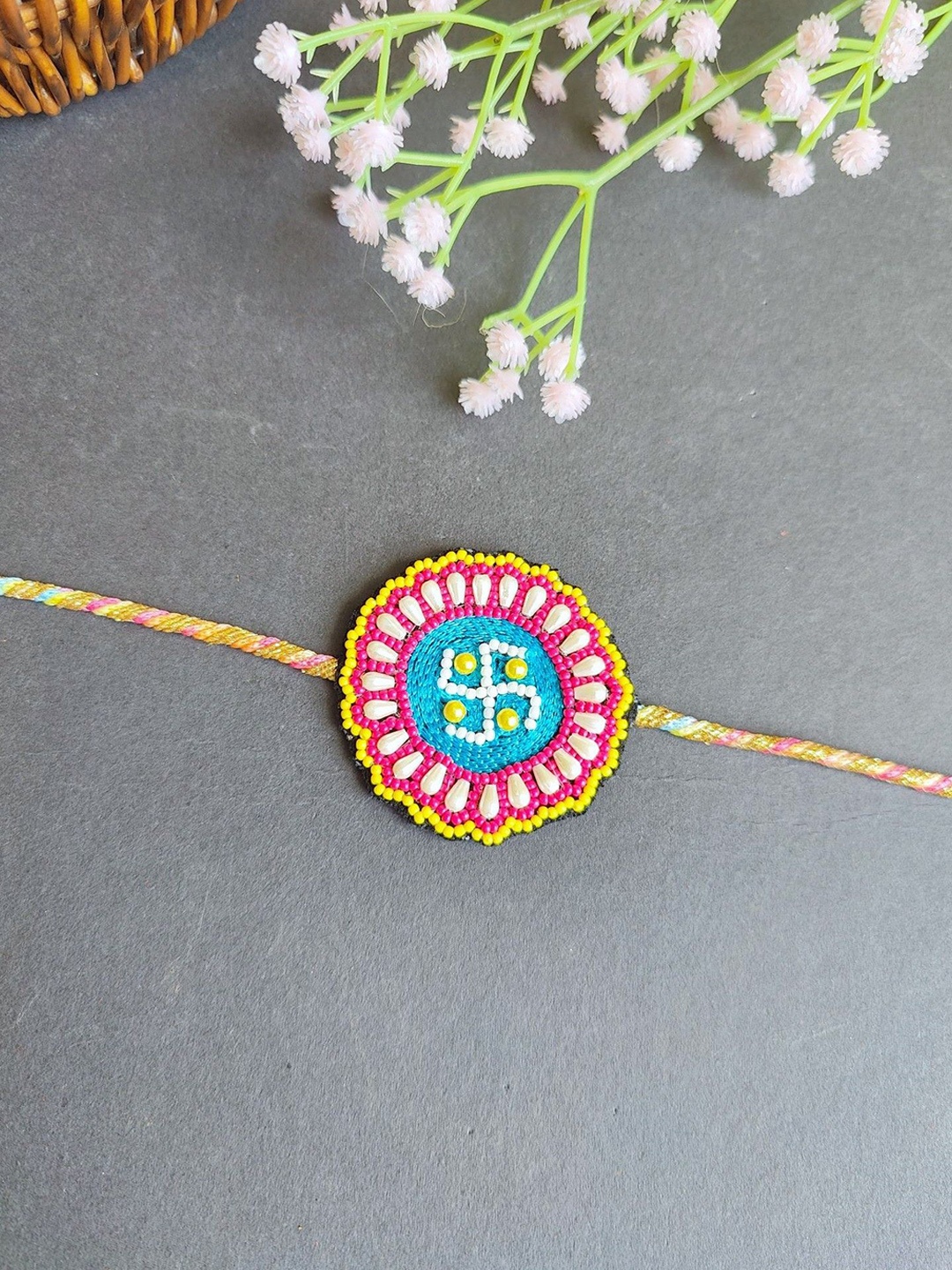 

Crunchy Fashion Men Beaded Floral Thread Rakhi, Pink