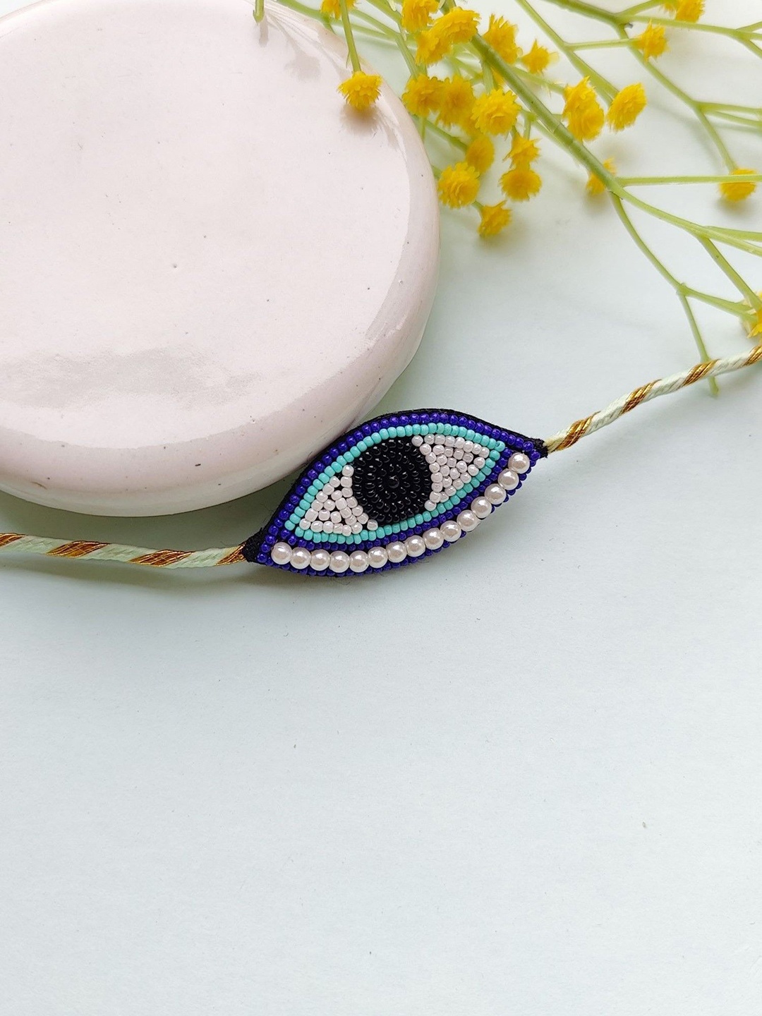 

Crunchy Fashion Men Evil Eye Beaded Thread Rakhi, Blue