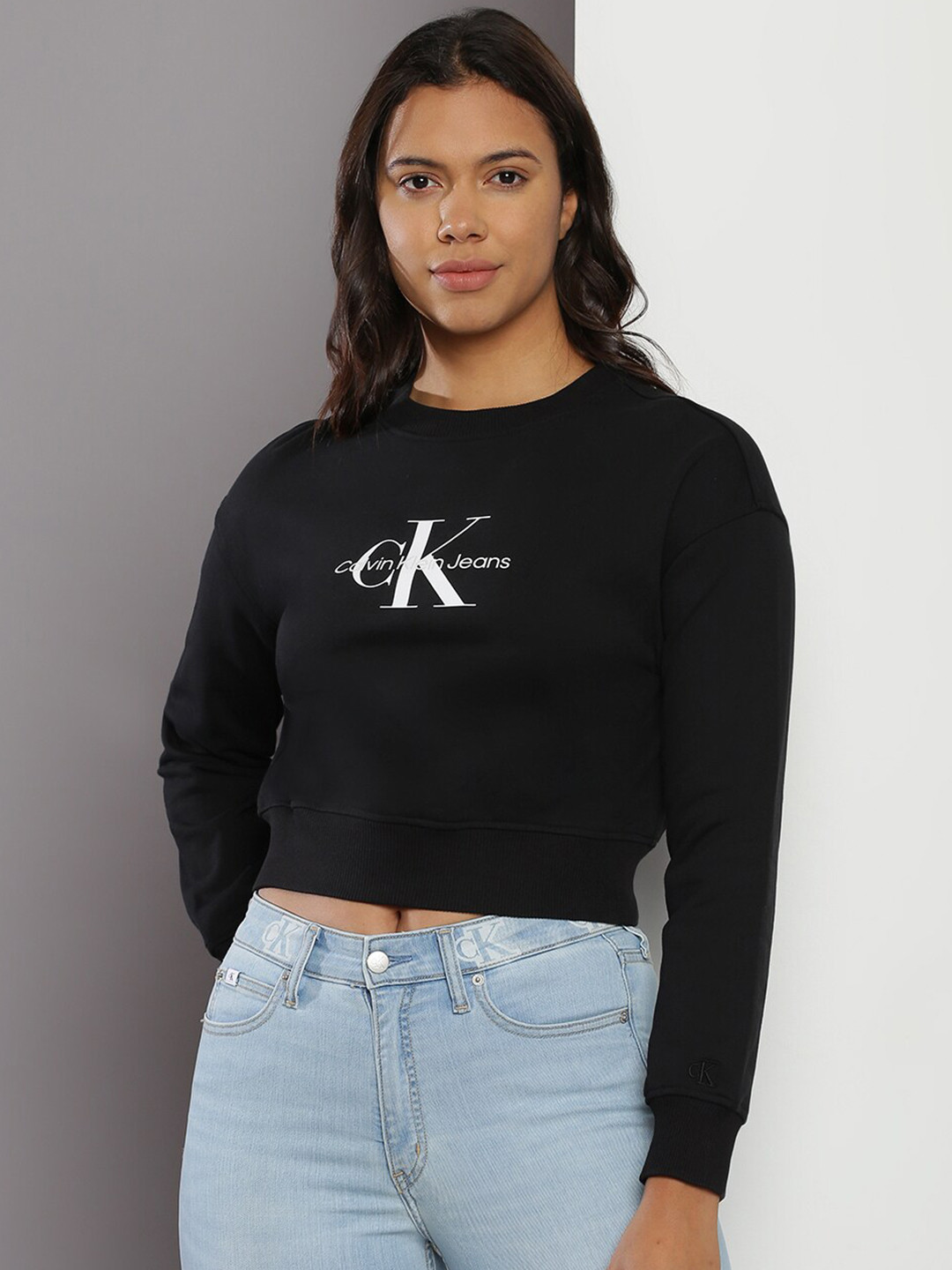 

Calvin Klein Jeans Brand Logo Printed Pure Cotton Crop Sweatshirt, Black