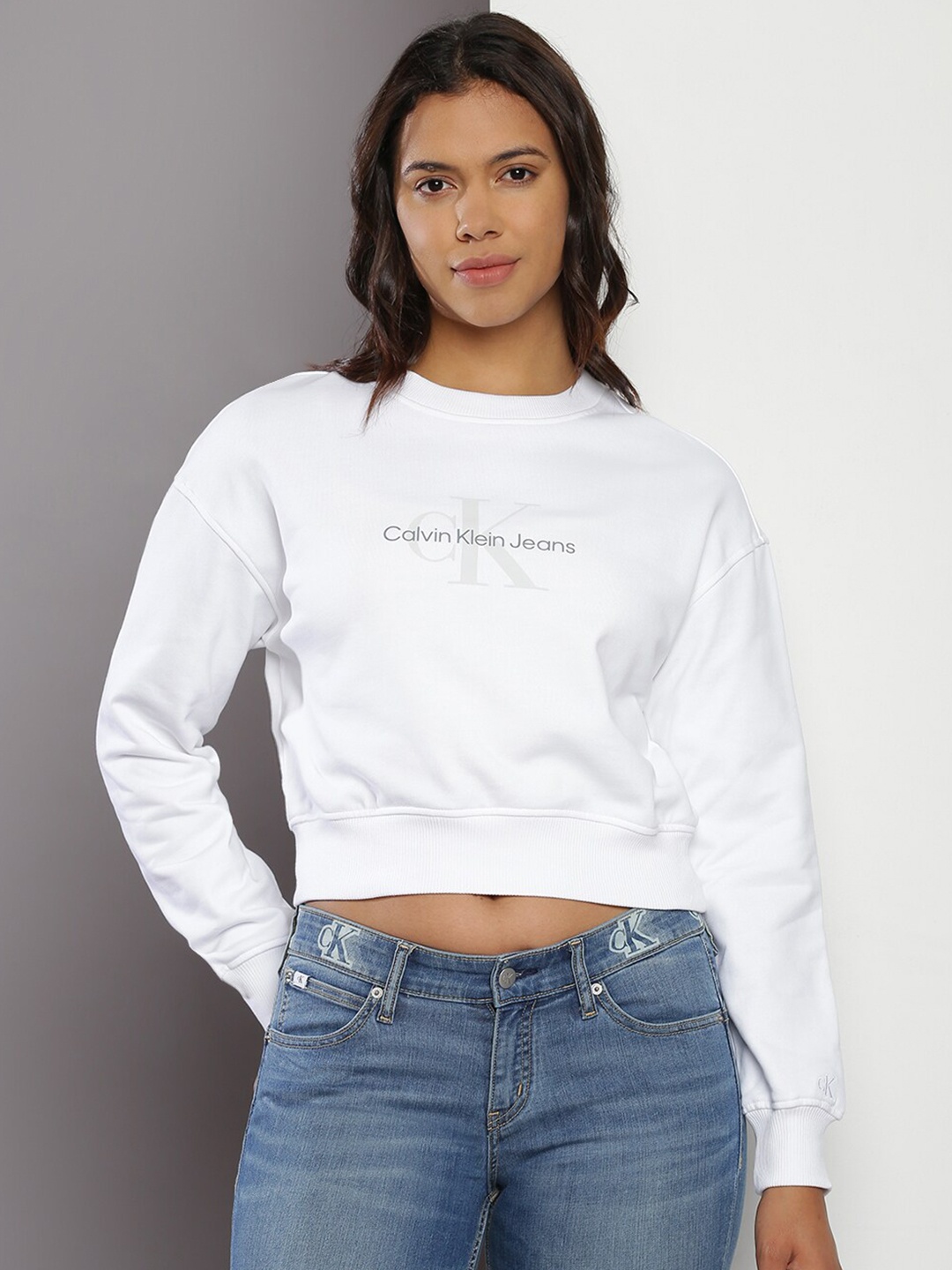 

Calvin Klein Jeans Typography Printed Pure Cotton Crop Sweatshirt, White