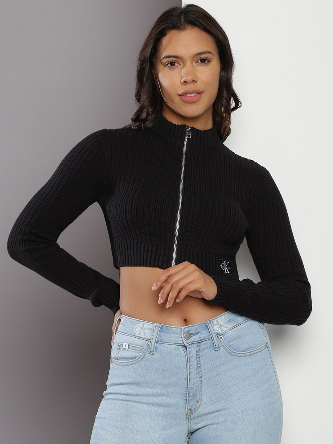 

Calvin Klein Jeans Ribbed Crop Cardigan, Black