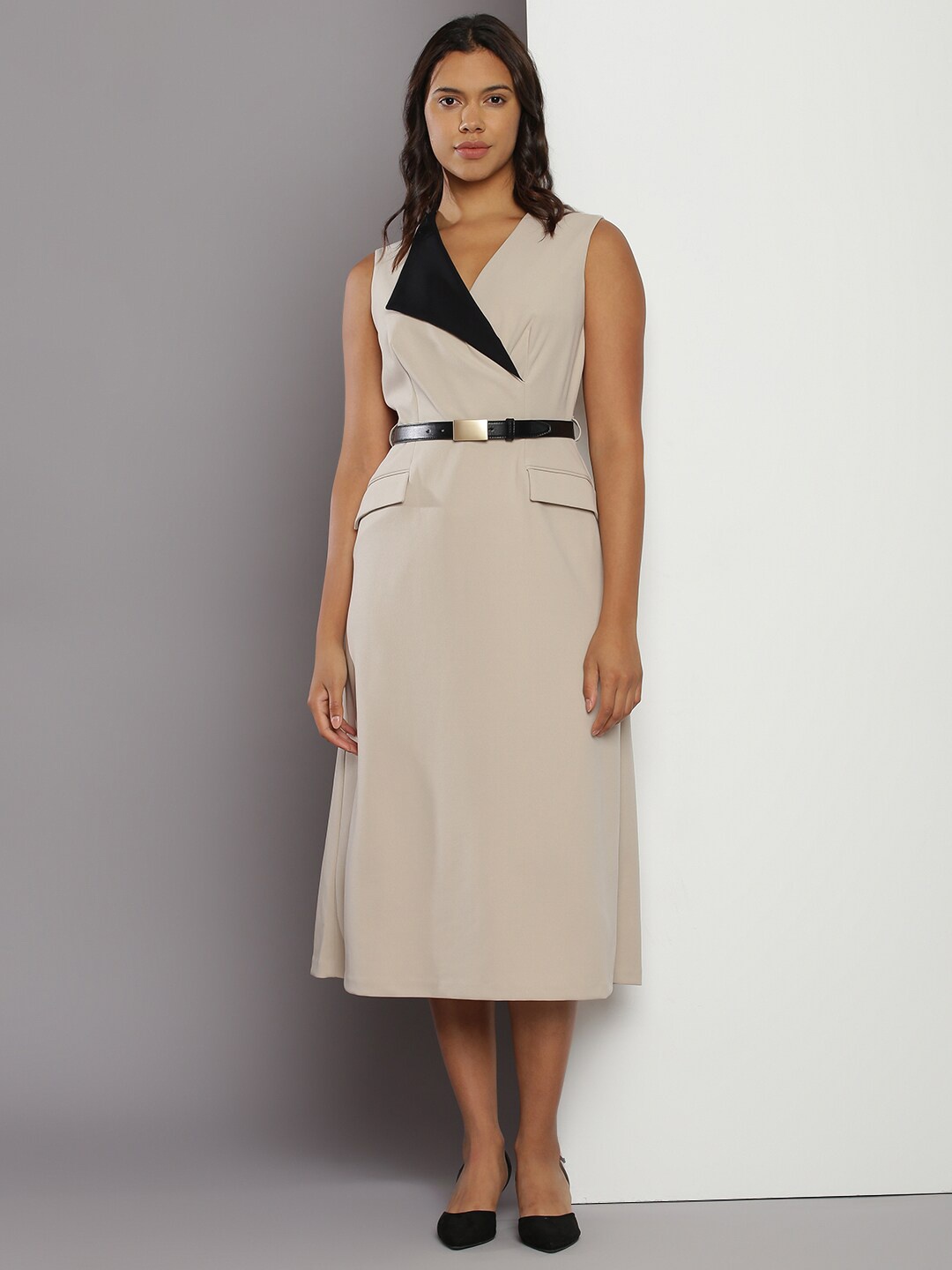 

Calvin Klein Jeans V-Neck Sheath Midi Dress, Beige