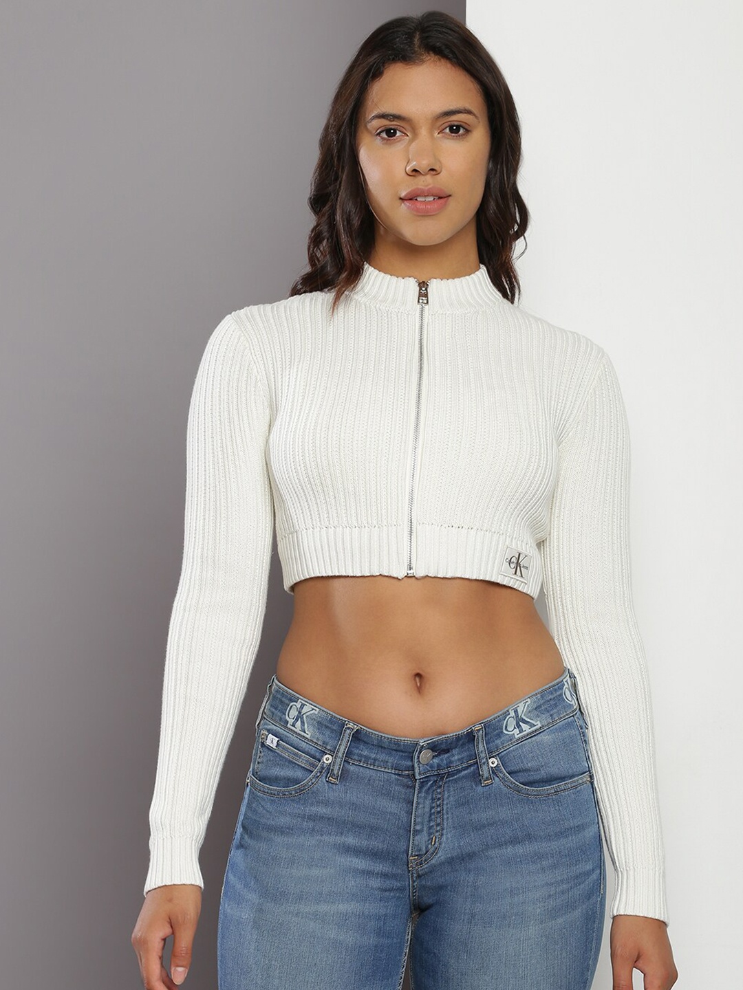 

Calvin Klein Jeans Ribbed Mock Collar Cardigan, White