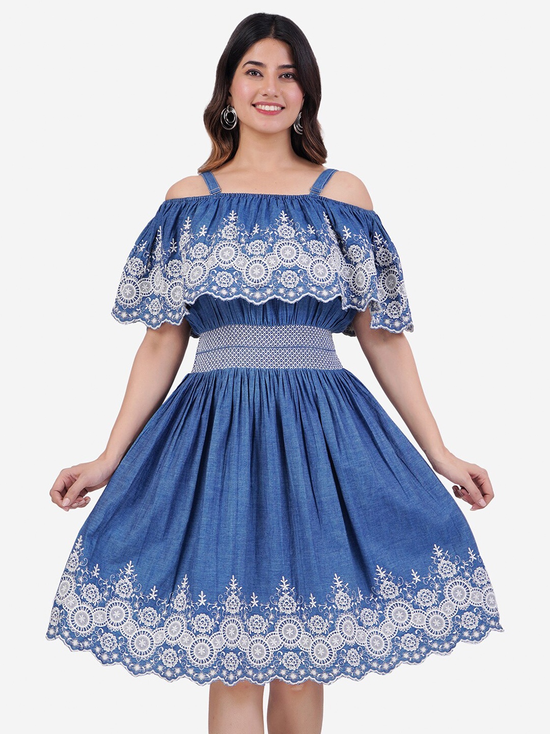 

SUMAVI-FASHION Floral Embroidered Flared Sleeve Cotton Denim Fit & Flare Dress, Blue