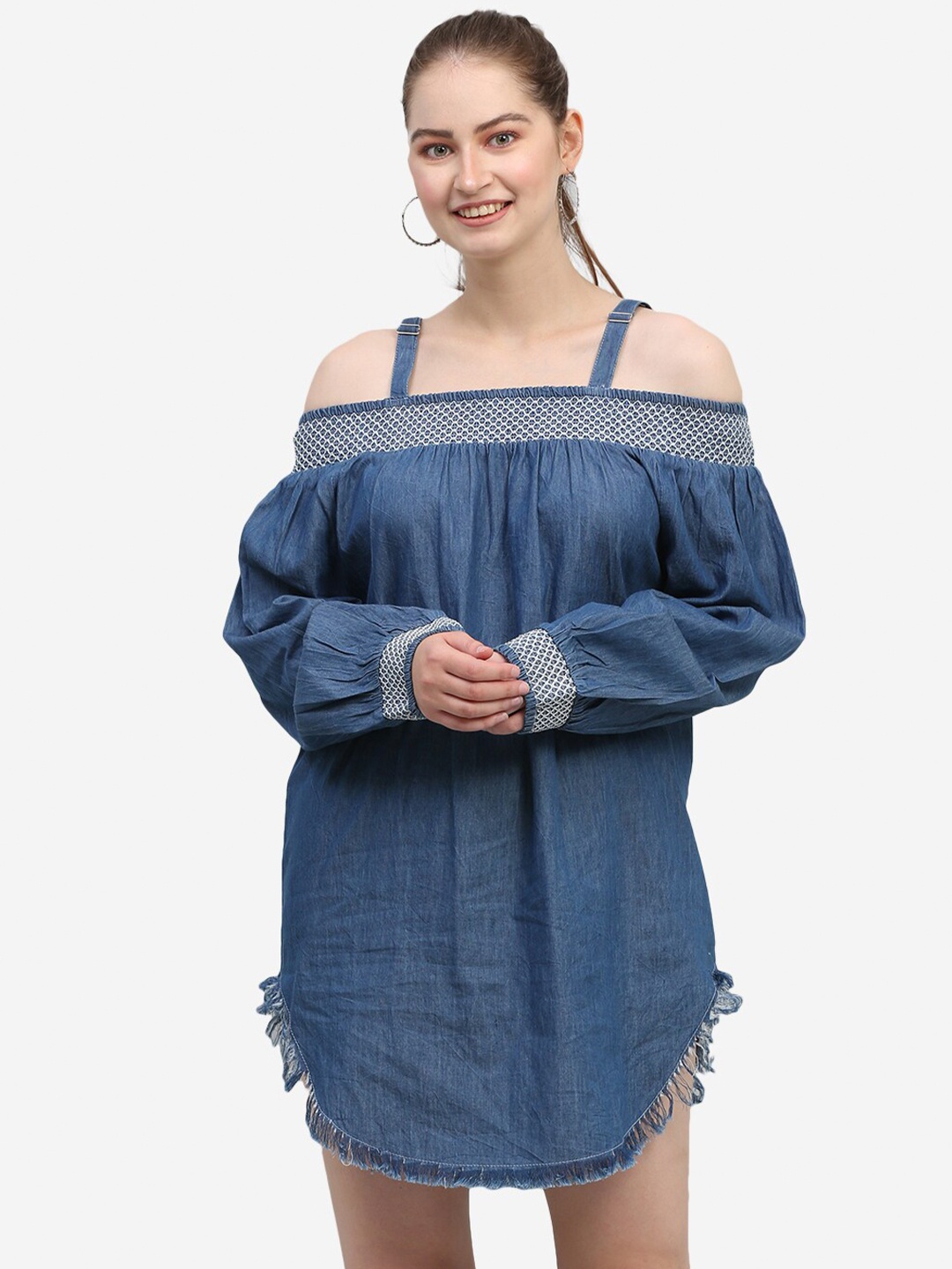 

SUMAVI-FASHION Shoulder Strap Puff Sleeve Organic Cotton A-Line Dress, Blue