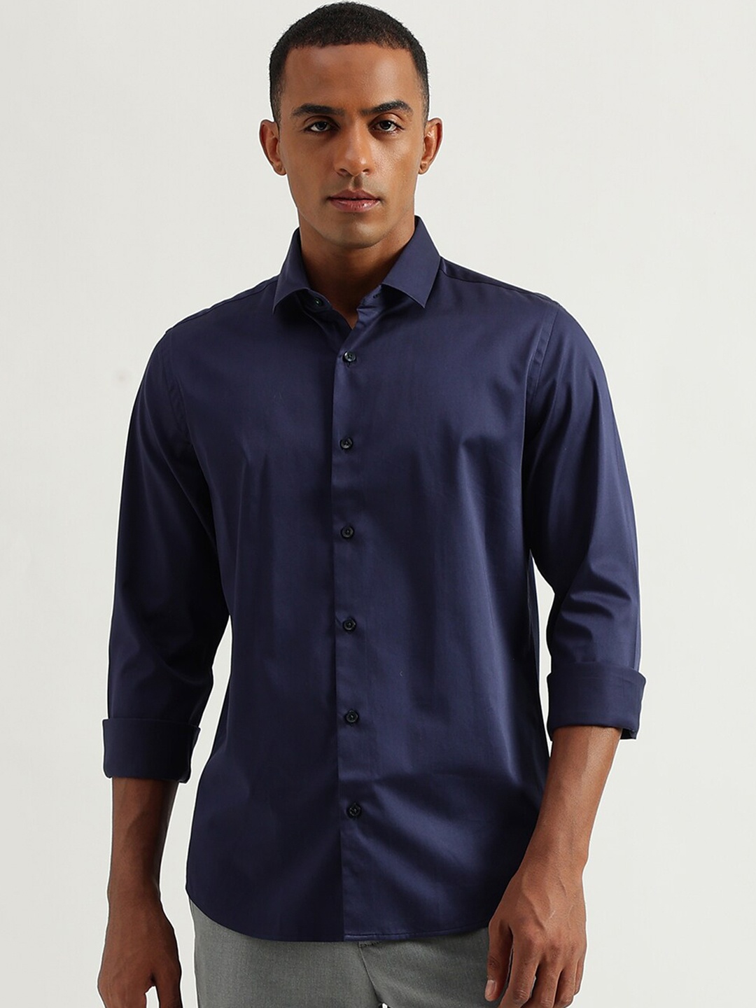 

United Colors of Benetton Spread Collar Slim Fit Cotton Shirt, Navy blue